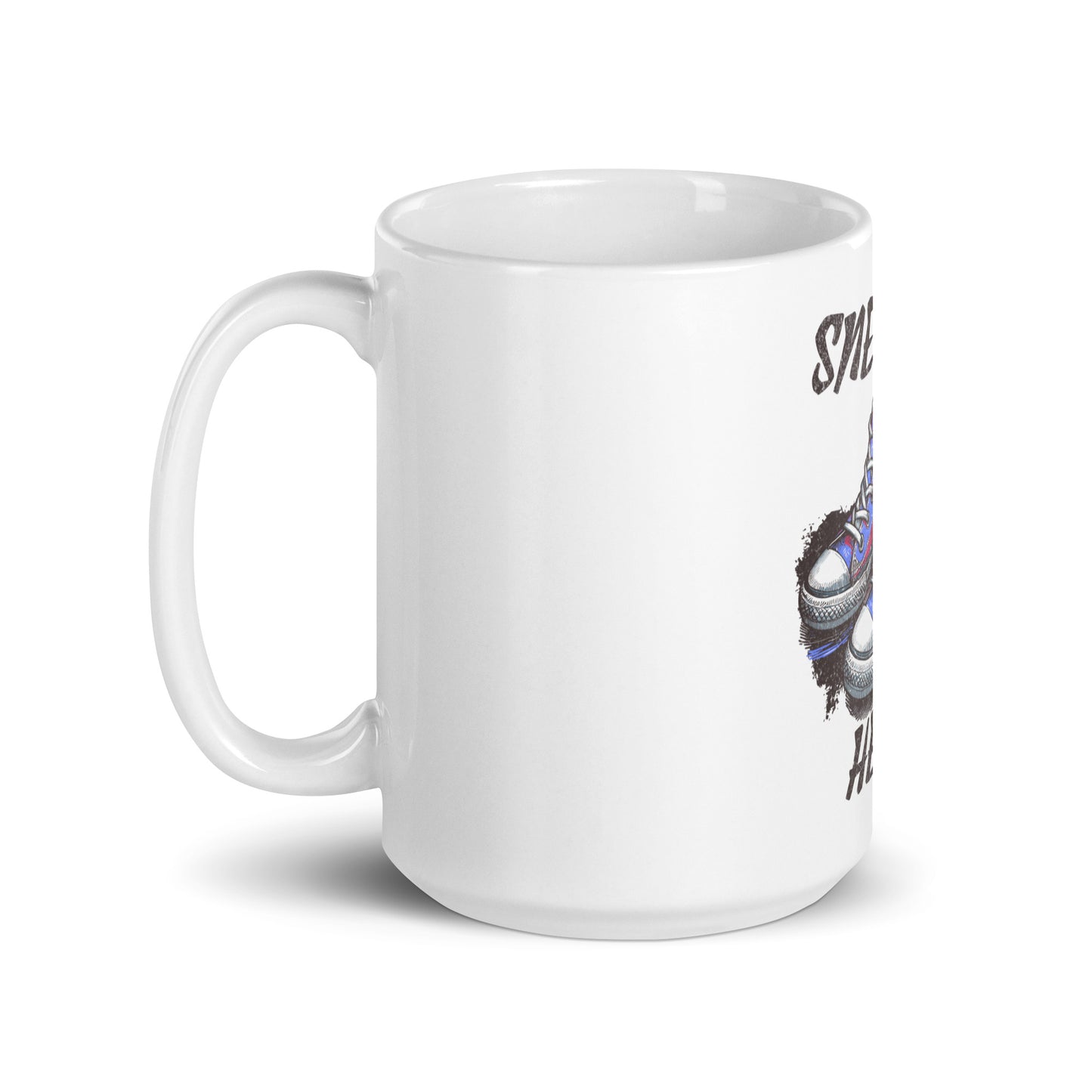 White glossy ceramic Mug – Built Different, Kicks Edition featuring faith-inspired, melanin-rich imagery of colorful sneakers and purpose-driven messaging for inspirational gifts.