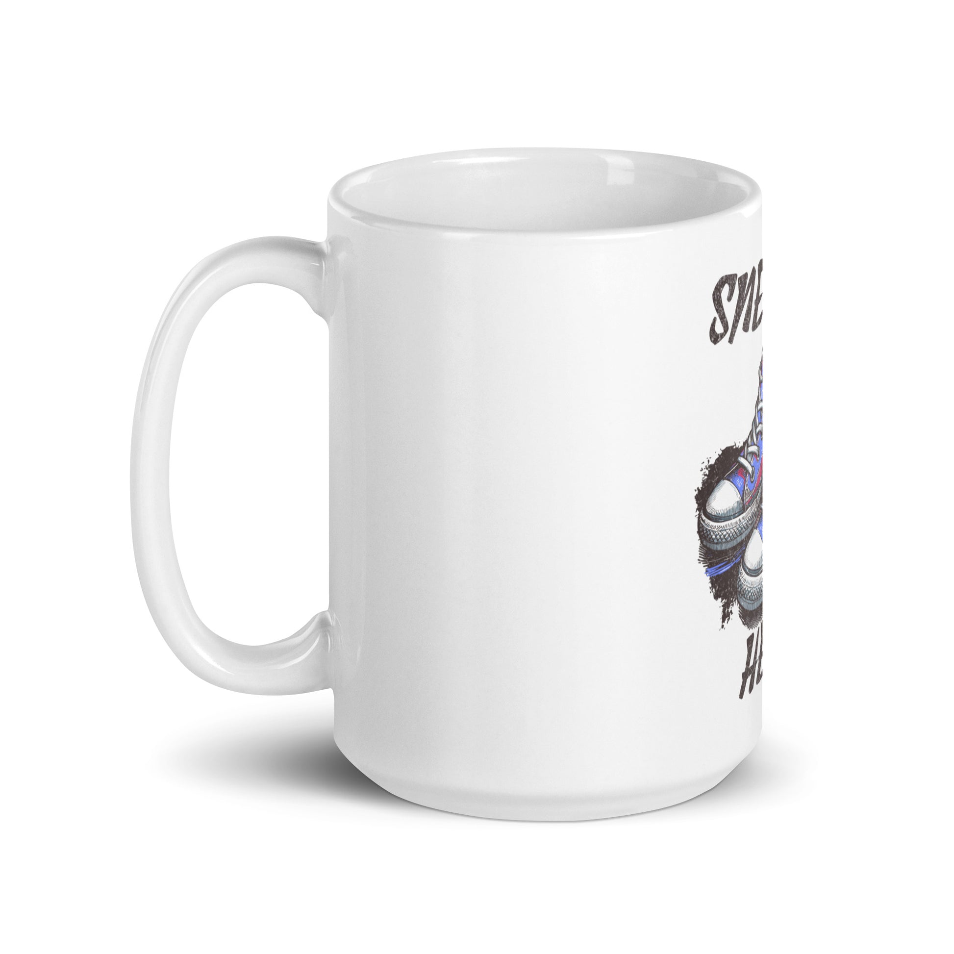 White glossy ceramic Mug – Built Different, Kicks Edition featuring faith-inspired, melanin-rich imagery of colorful sneakers and purpose-driven messaging for inspirational gifts.