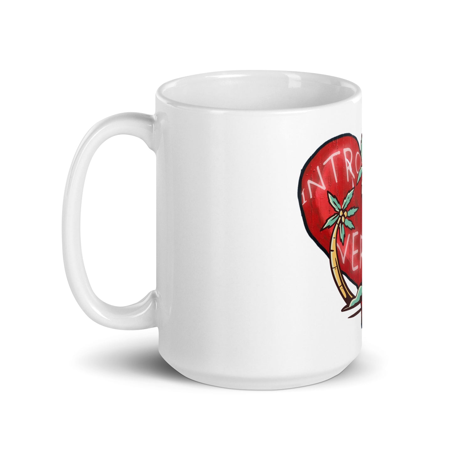 White glossy ceramic Mug – My Kind of Island with a vibrant red circular design featuring a palm tree and tropical elements, embodying faith-inspired messaging and melanin-rich imagery.