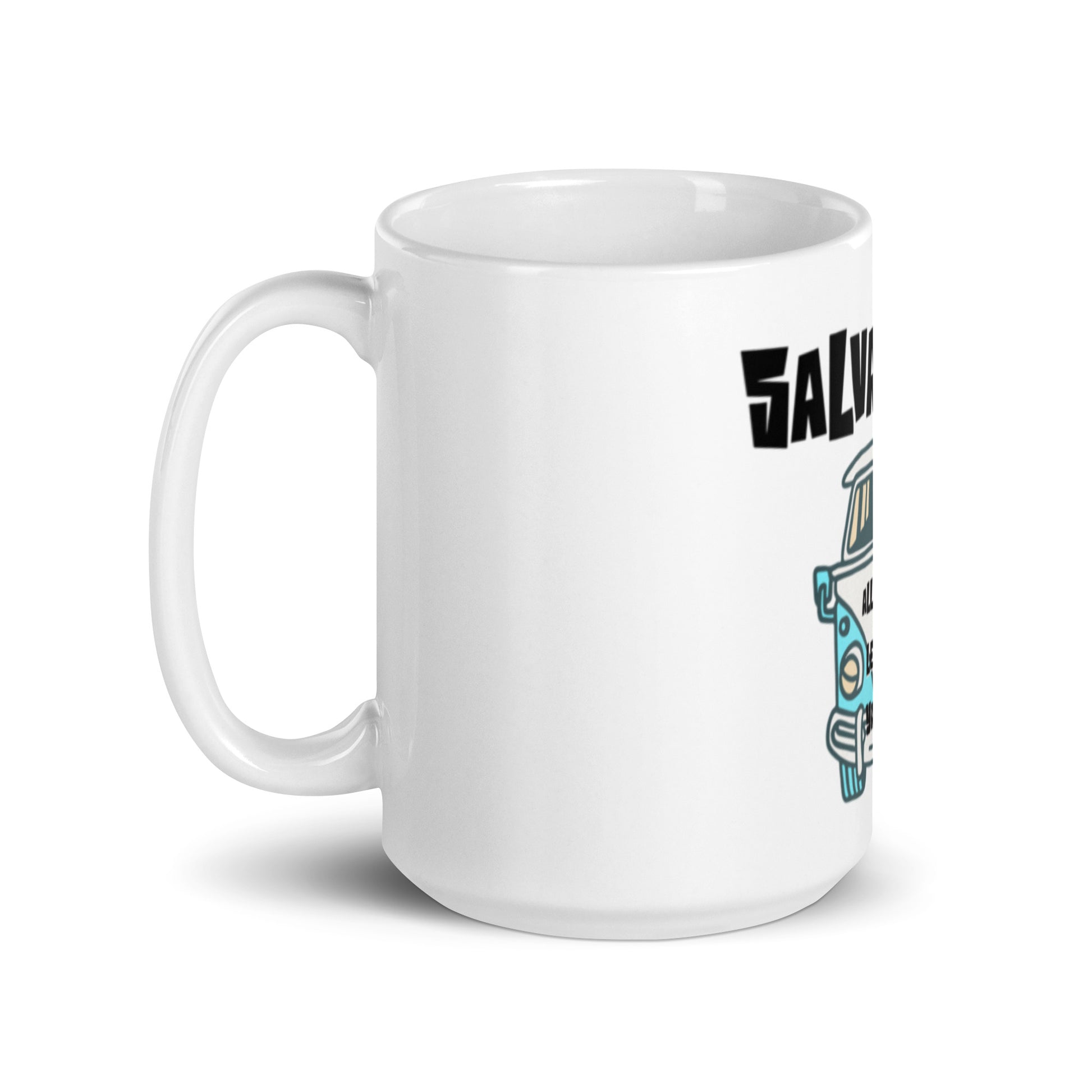 White glossy ceramic Mug – All Roads Lead to Yahweh featuring a faith-inspired design with a vintage bus illustration, perfect for inspirational Christian gifts and melanin-rich messaging.
