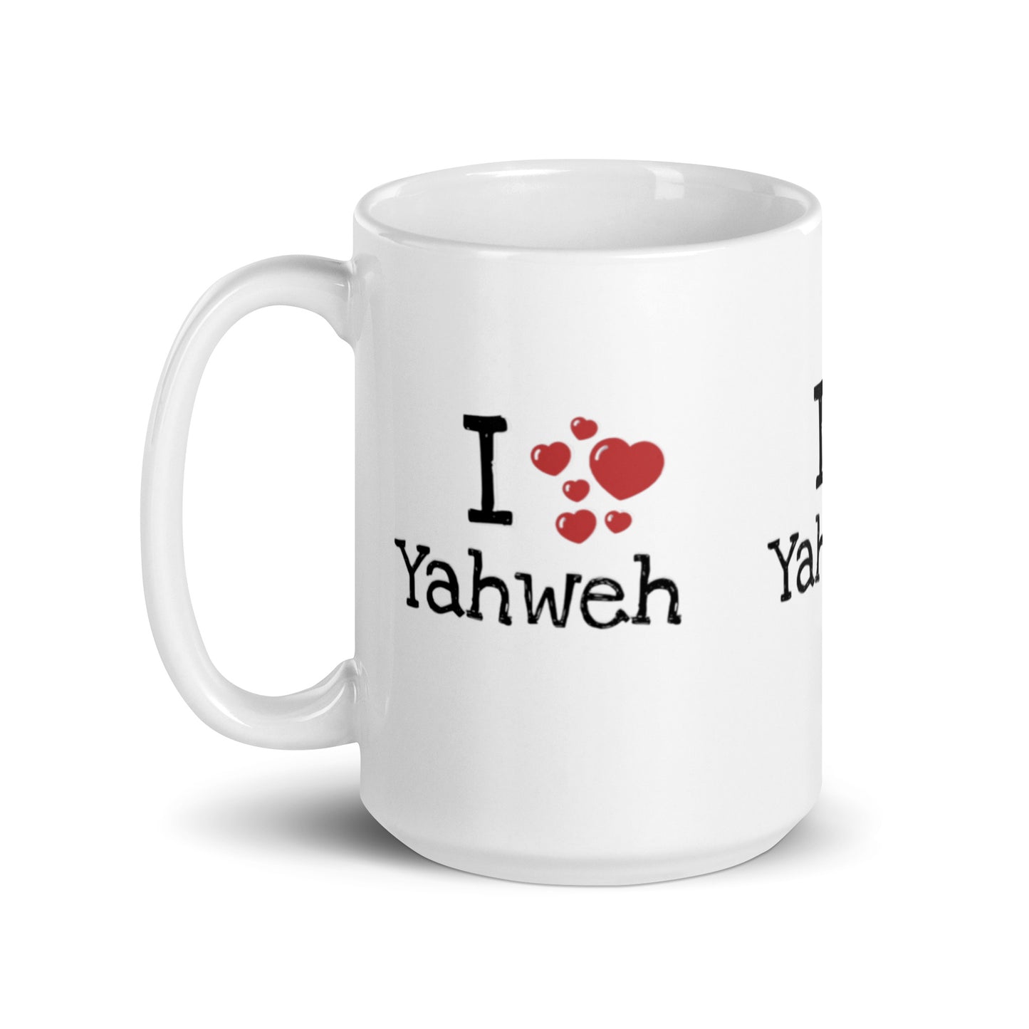 White glossy ceramic Mug – I Yahweh with a handle on the left, featuring a faith-inspired design with red heart graphics and bold black lettering.