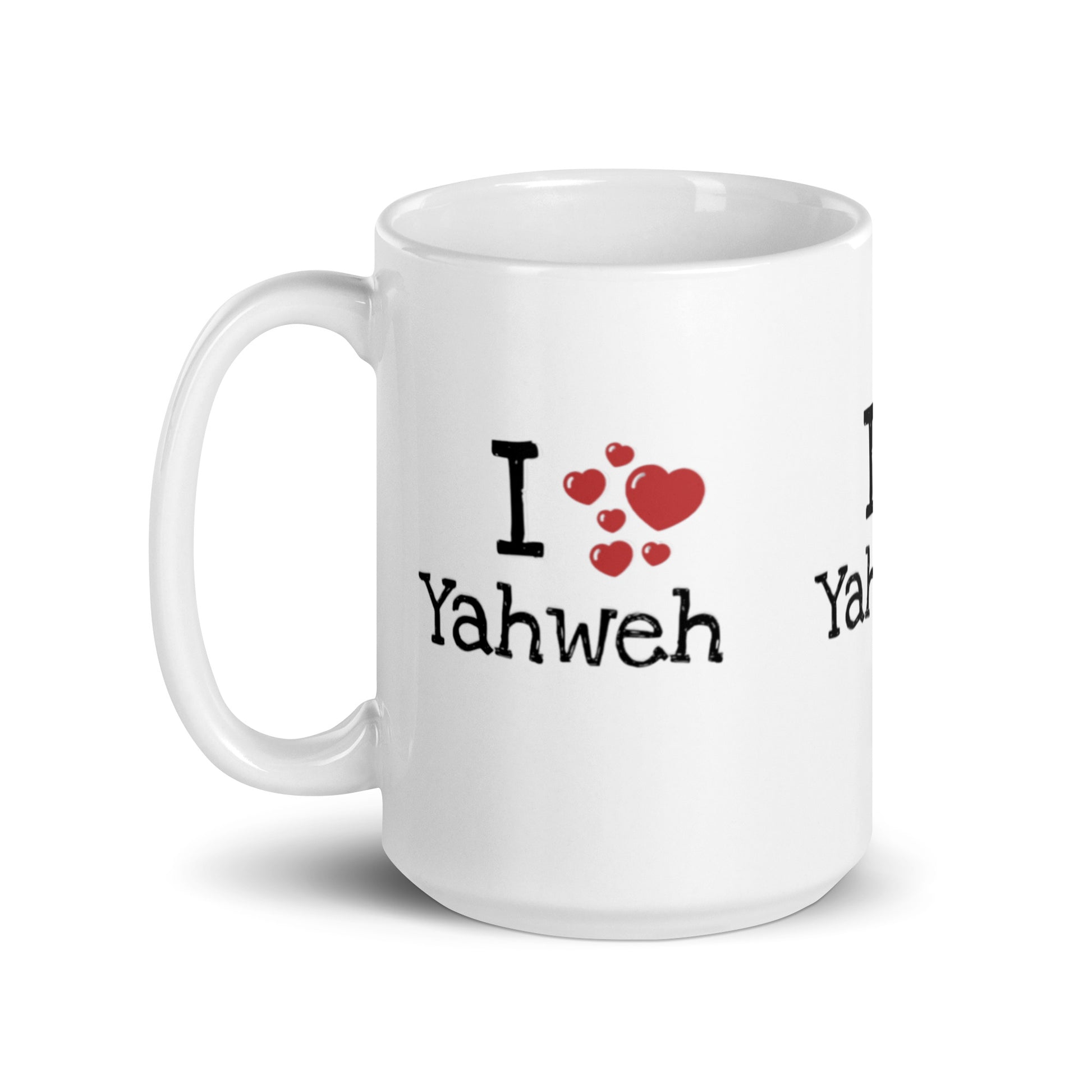 White glossy ceramic Mug – I Yahweh with a handle on the left, featuring a faith-inspired design with red heart graphics and bold black lettering.