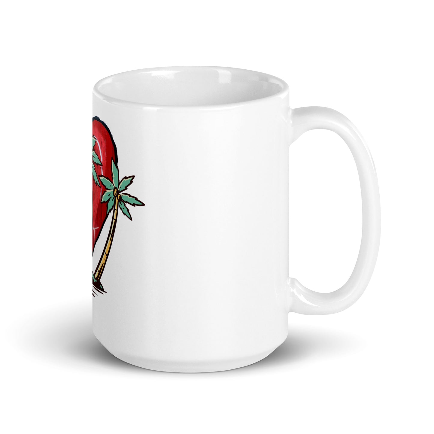 White glossy ceramic Mug – My Kind of Island featuring a colorful heart and palm tree design, perfect for faith-inspired gifts with melanin-rich imagery and purpose-driven messaging.