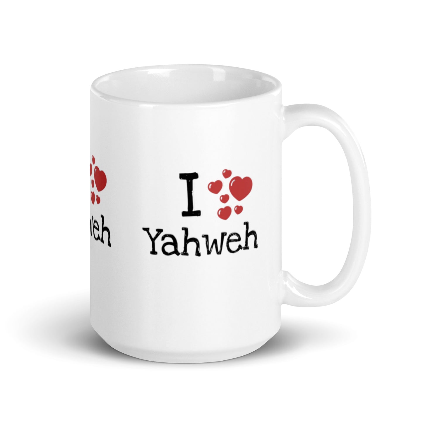 White glossy ceramic Mug – I Yahweh with black text and red heart designs, featuring faith-inspired apparel and gifts with purpose-driven messaging.