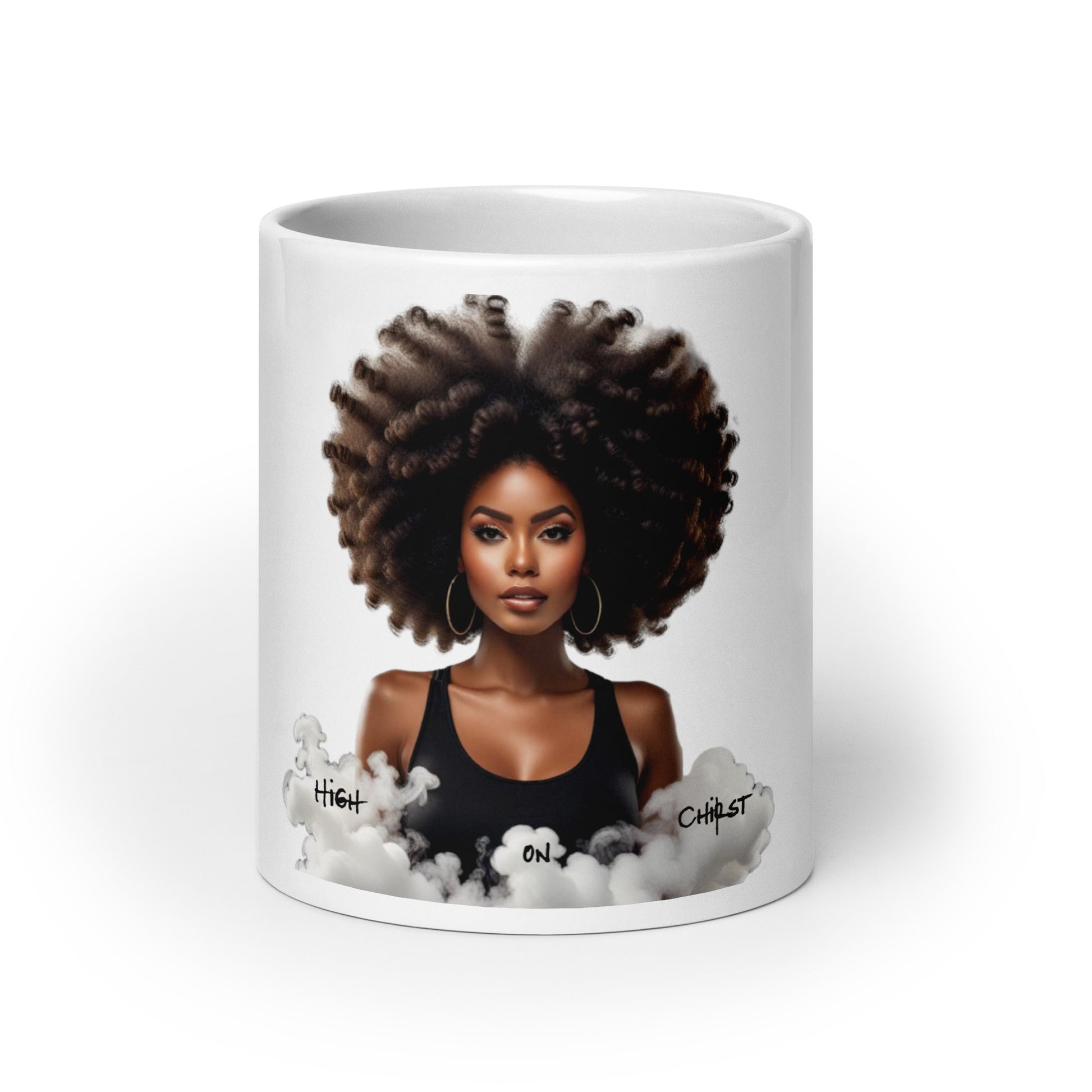 White glossy ceramic mug featuring a confident Black woman with afro hair surrounded by clouds and the phrase Mug – High on Christ, faith-inspired with purpose-driven messaging.