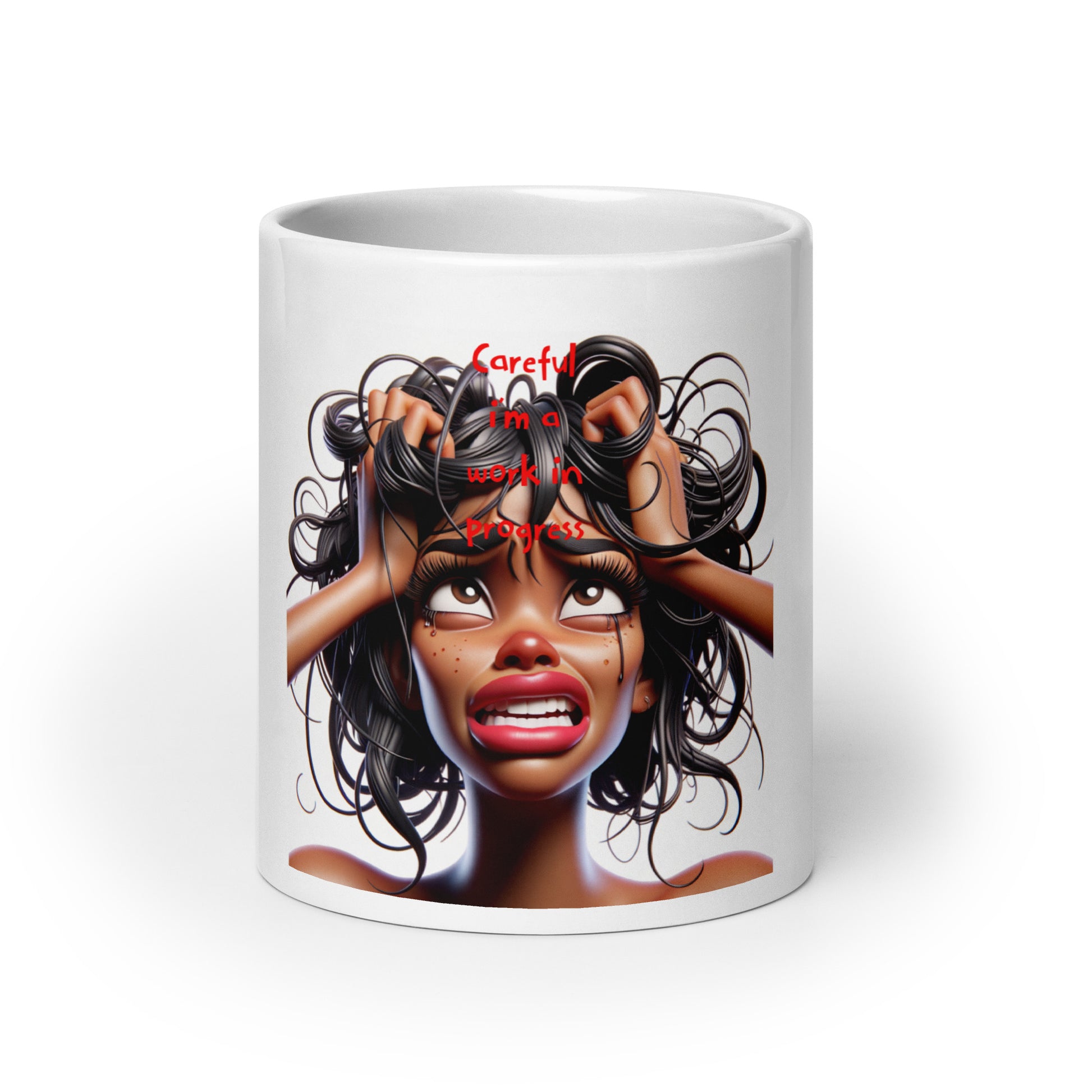 White glossy ceramic Mug – Work in Progress featuring an expressive illustration of a woman with melanin-rich skin, tangled hair, and the text "Careful, I’m a work in progress" in red, embodying purpose-driven messaging and faith-inspired design.