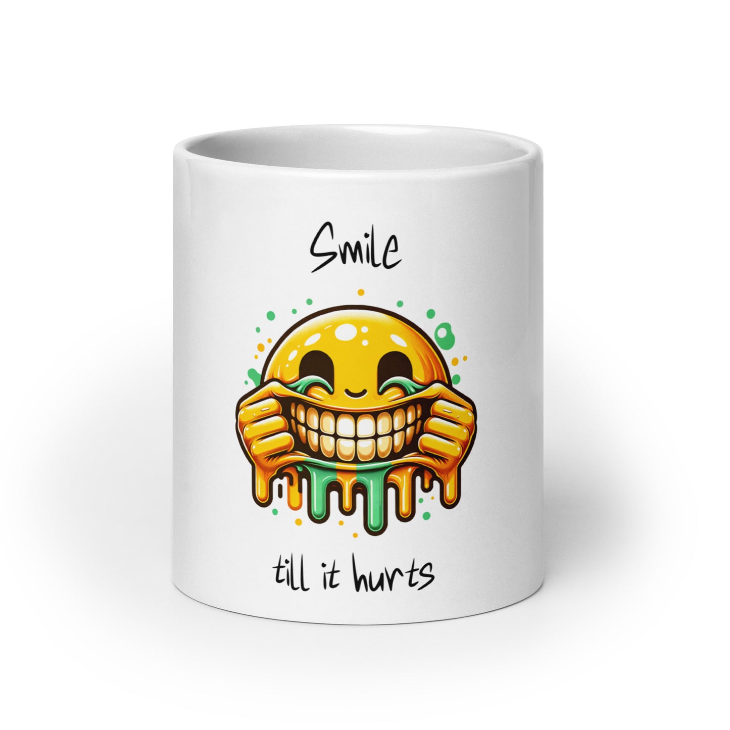 White glossy ceramic Mug – Everything Is Fine featuring a vibrant melting smiley face graphic with the phrase "Smile till it hurts," blending faith-inspired purpose-driven messaging and melanin-rich imagery.