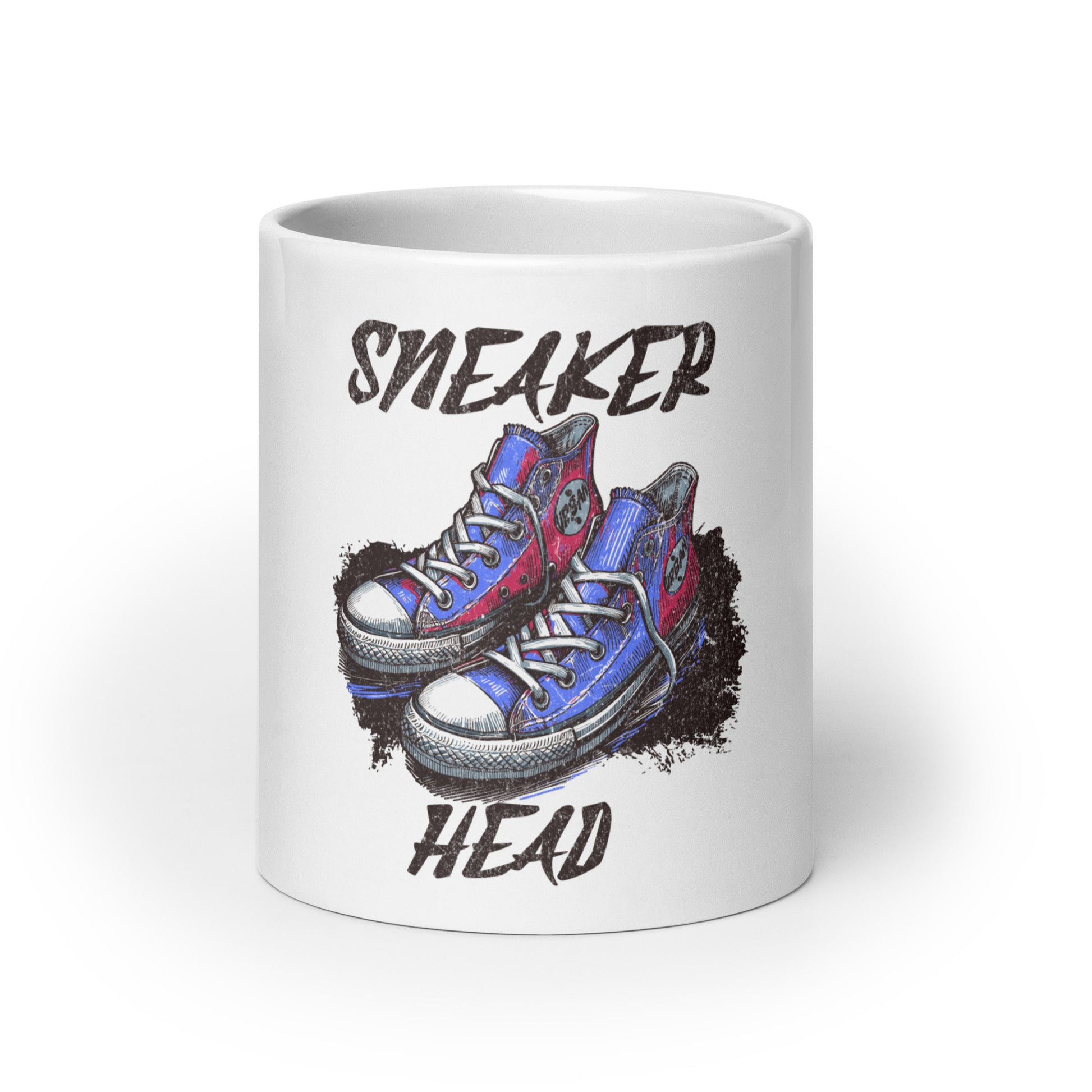White glossy ceramic Mug – Built Different, Kicks Edition featuring a colorful sneaker head graphic with purpose-driven messaging and faith-inspired design.