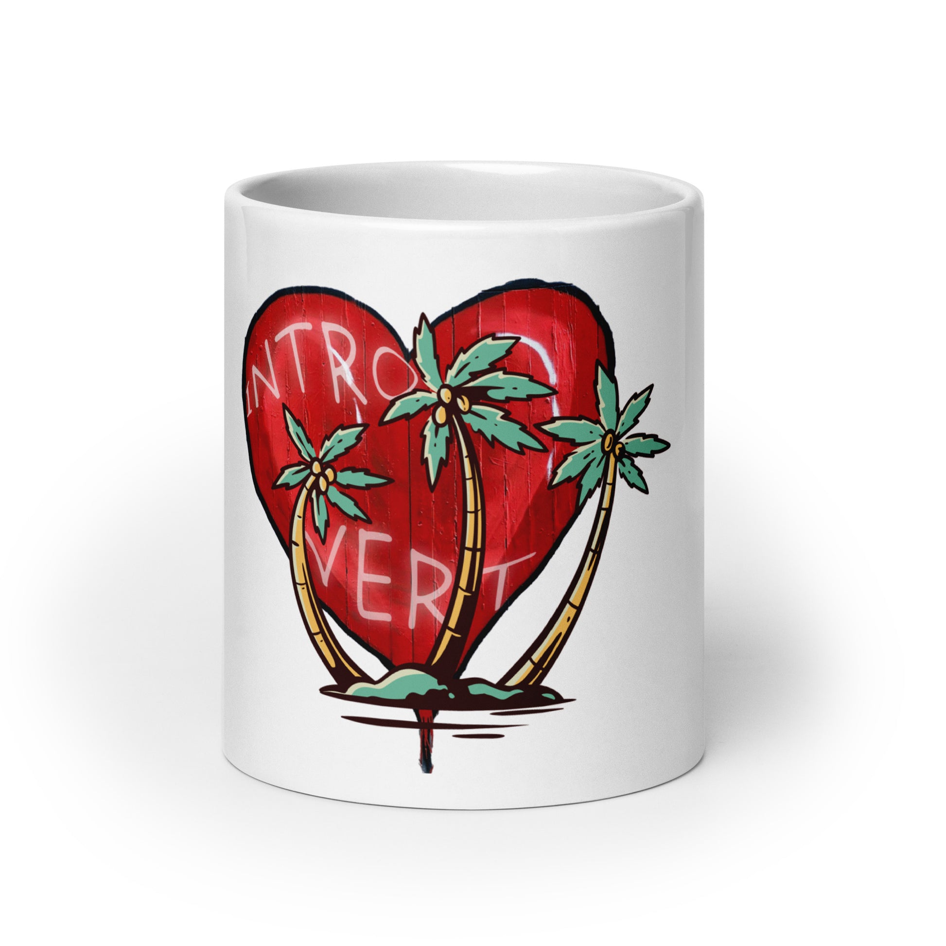 White glossy mug – My Kind of Island featuring a red heart with the word introvert and three palm trees, blending faith-inspired design with melanin-rich imagery and purpose-driven messaging.
