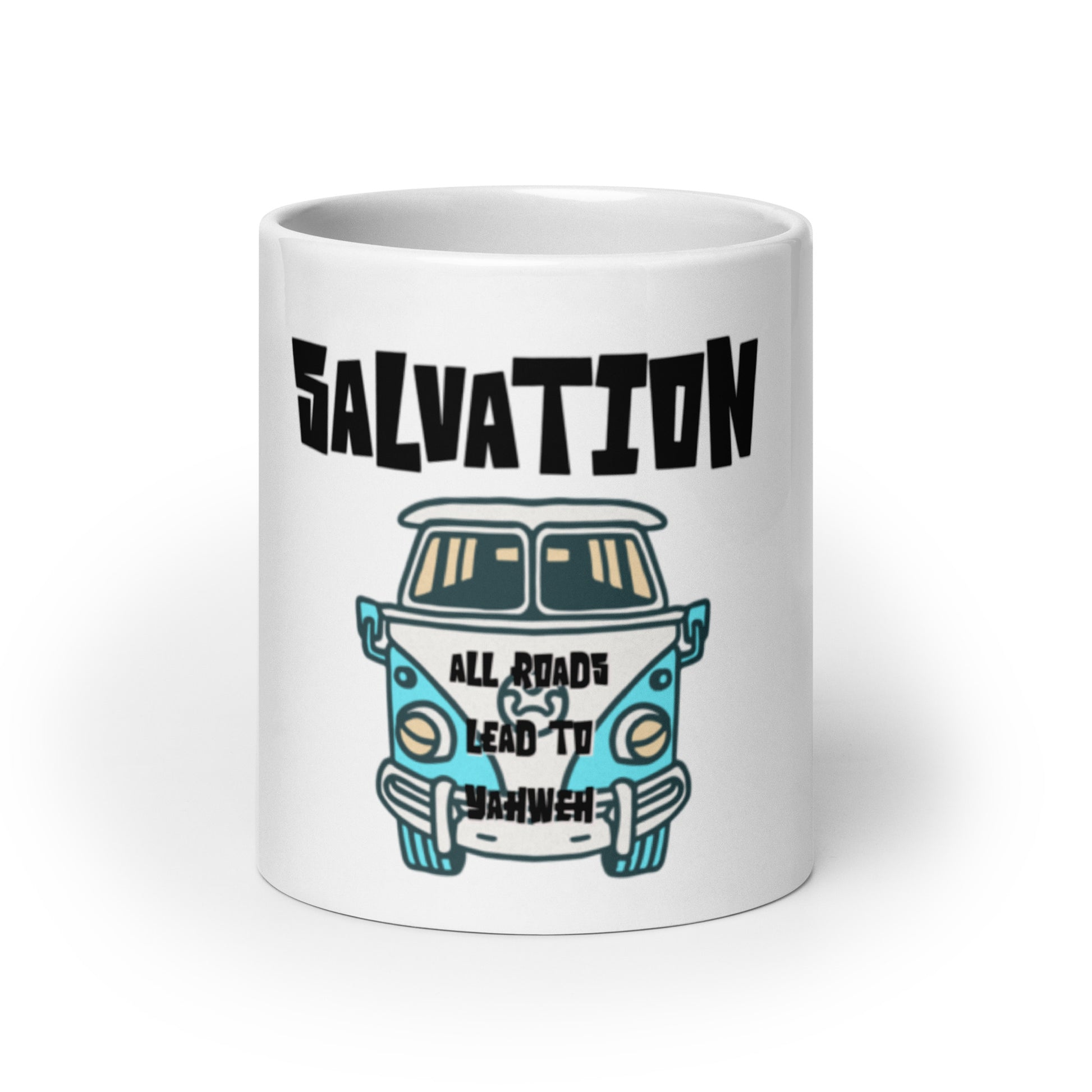 White glossy ceramic Mug – All Roads Lead to Yahweh featuring a blue vintage van illustration with bold text "Salvation" and faith-inspired messaging promoting purpose-driven Christian gifts.