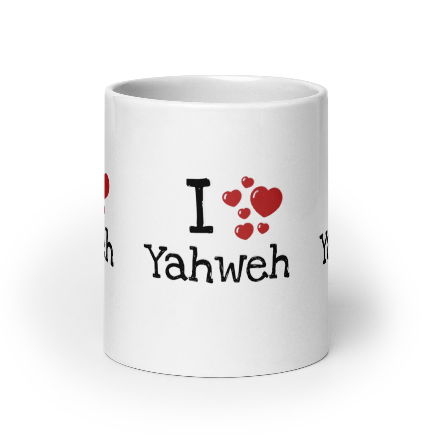White glossy ceramic Mug – I Yahweh featuring a simple design with red hearts, blending faith-inspired messaging with melanin-rich imagery for purpose-driven inspiration.