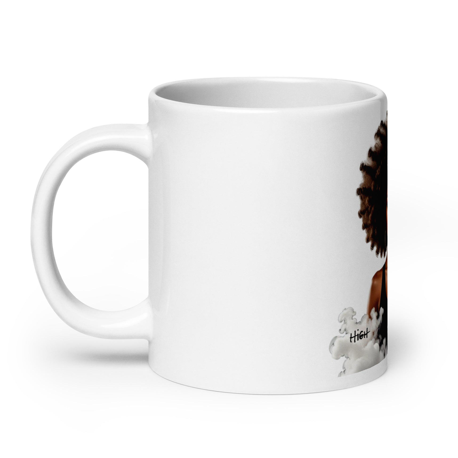 White glossy ceramic Mug – High on Christ featuring faith-inspired design with melanin-rich imagery and purpose-driven messaging, ideal for inspirational Christian gifts.