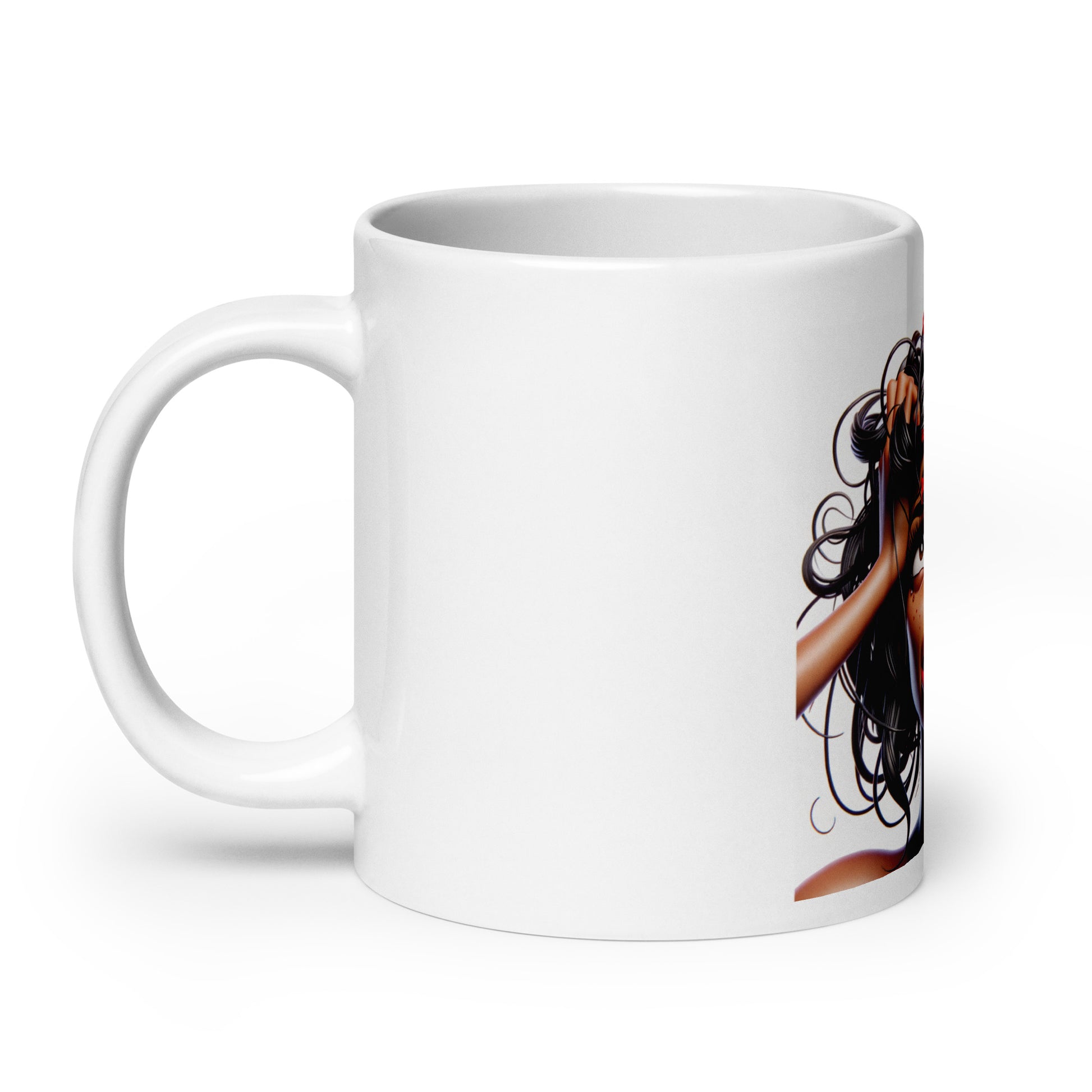 White glossy ceramic Mug – Work in Progress featuring vibrant melanin-rich artwork of a woman with flowing hair, blending faith-inspired and purpose-driven messaging.