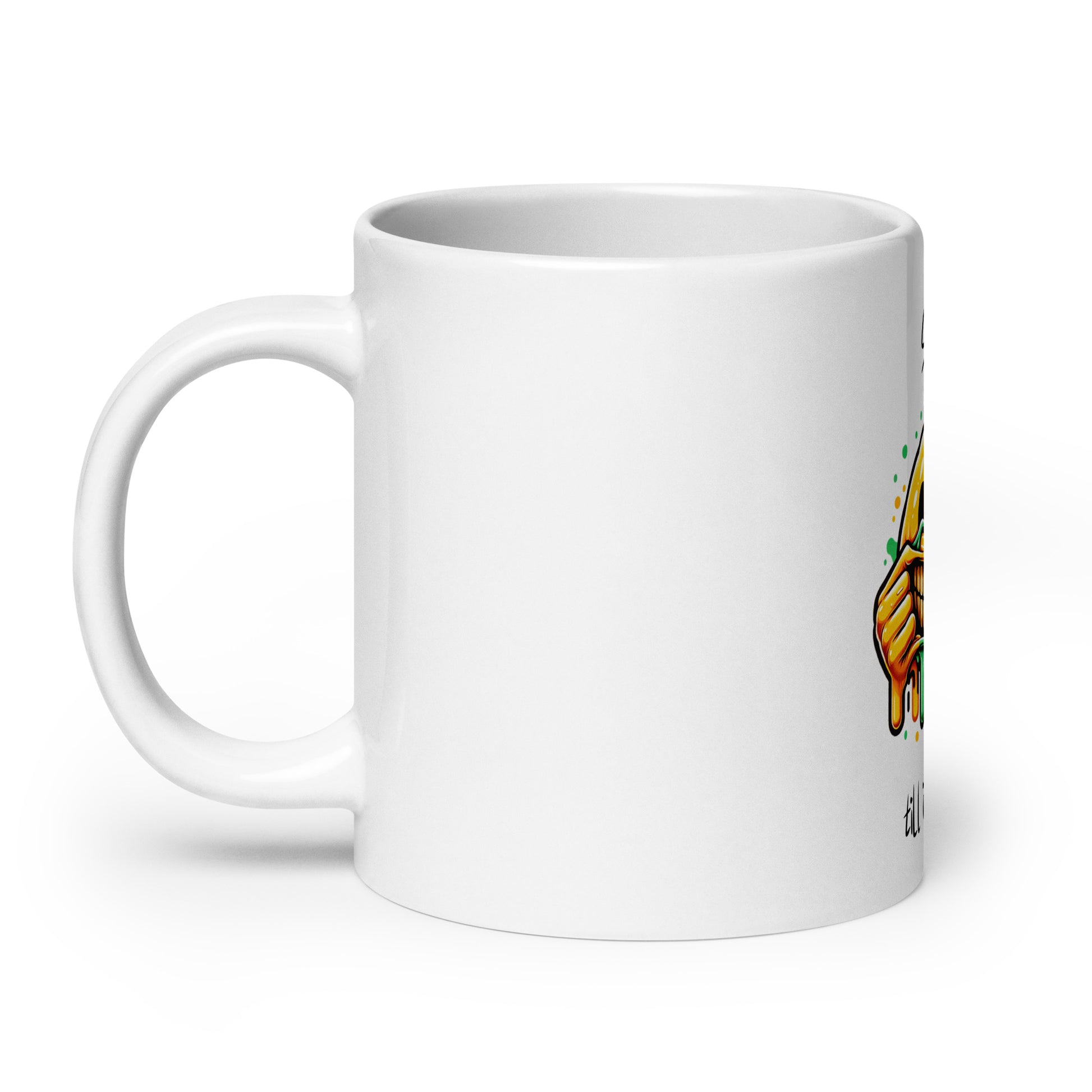 White glossy ceramic Mug – Everything Is Fine with handle on the left, featuring a vibrant faith-inspired design that celebrates melanin-rich imagery and purpose-driven messaging.