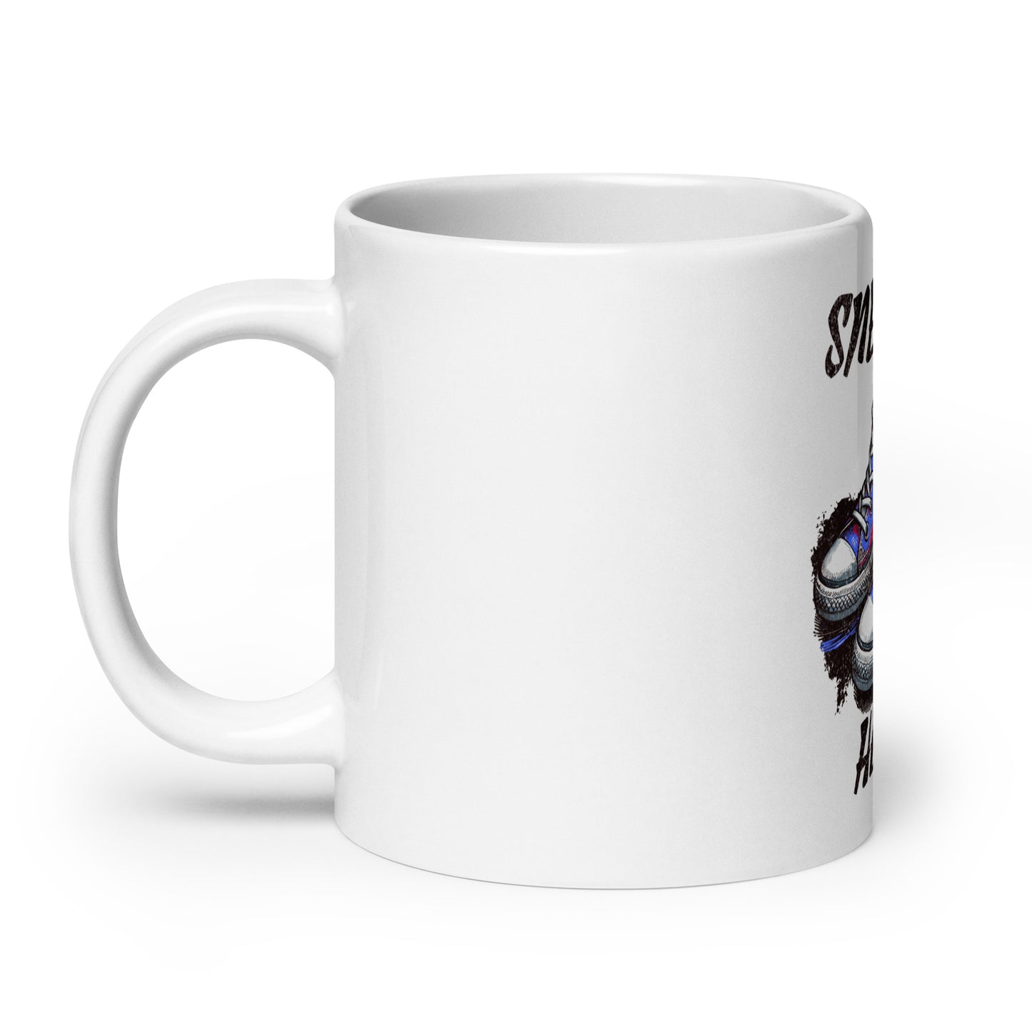 White glossy ceramic Mug – Built Different, Kicks Edition featuring a stylish sneaker design with faith-inspired and purpose-driven messaging for melanin-rich imagery and inspirational gifts.