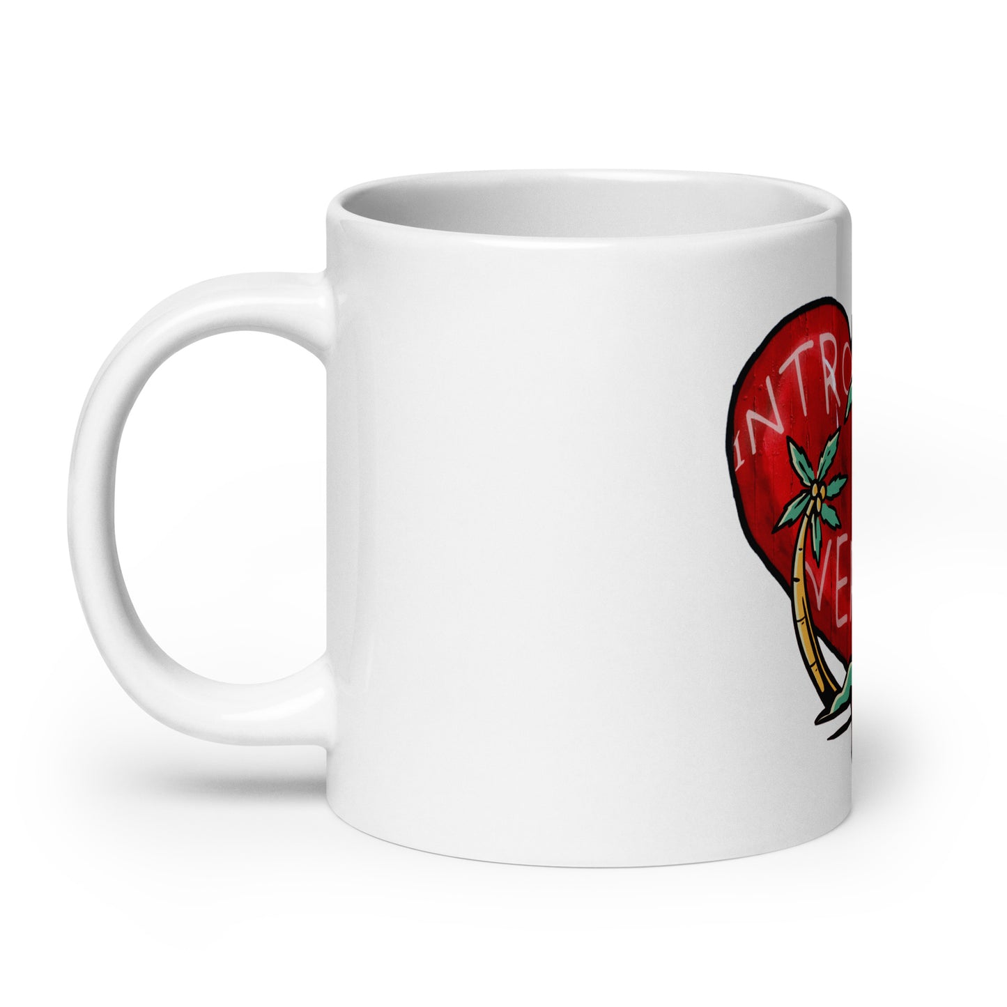White glossy ceramic Mug – My Kind of Island featuring a colorful island-themed design with palm trees and a red circular background, blending faith-inspired and melanin-rich imagery.