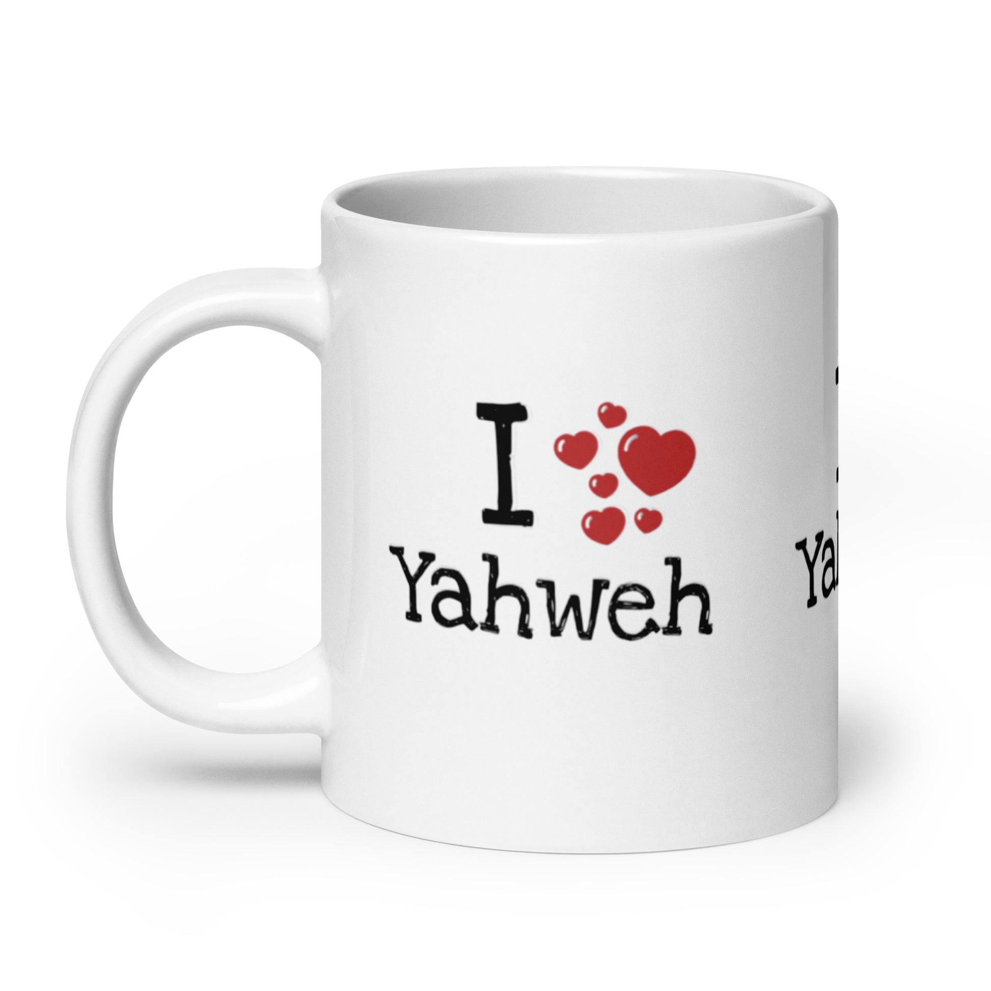 White glossy ceramic Mug – I Yahweh featuring black text and red heart graphics on the front, designed for faith-inspired home decor and inspirational gifts.