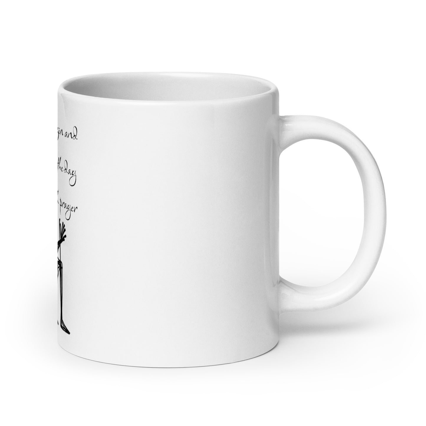 White glossy ceramic Mug – Prayer Warrior with a simple black graphic and faith-inspired messaging, perfect for inspirational gifts and melanin-rich design lovers.