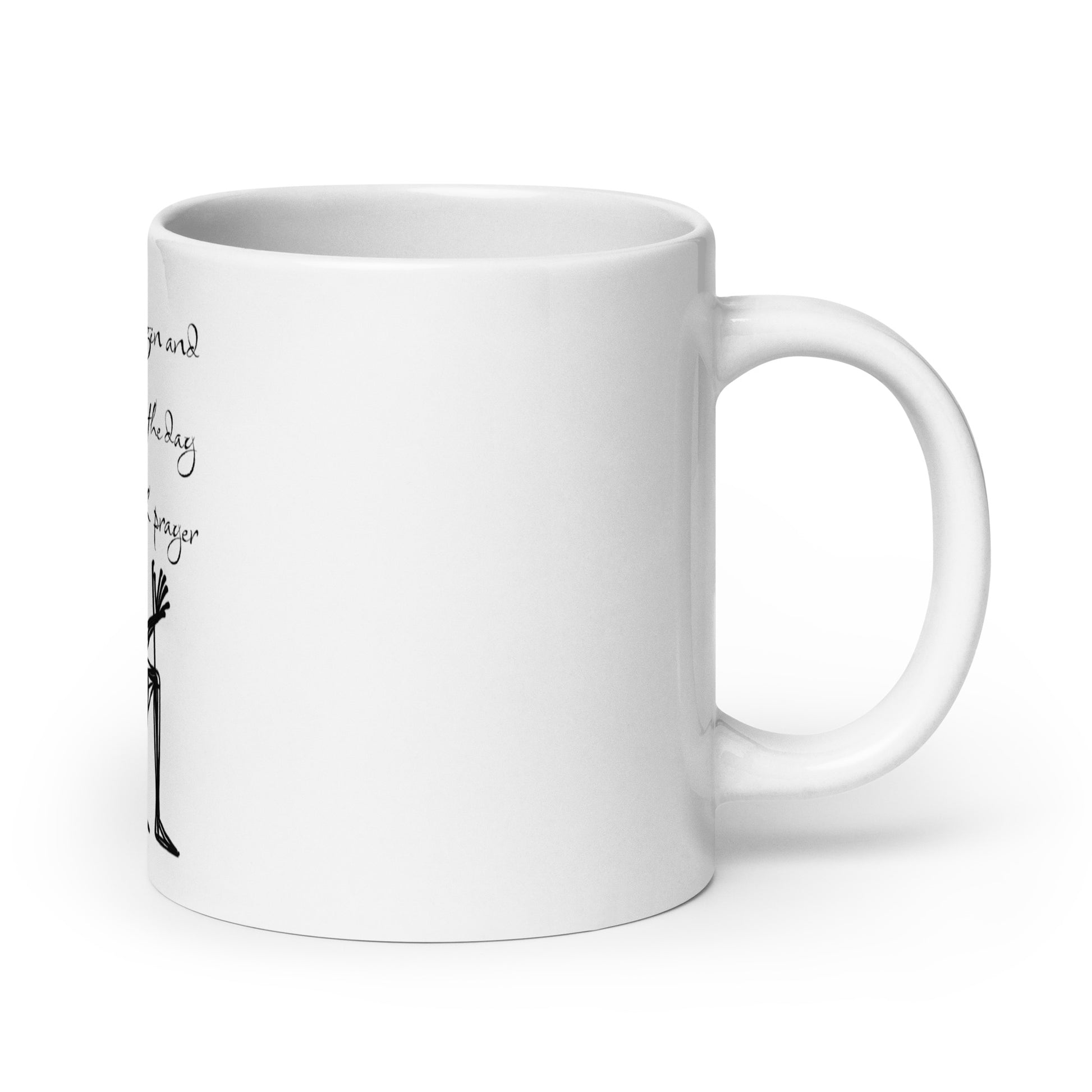 White glossy ceramic Mug – Prayer Warrior with a simple black graphic and faith-inspired messaging, perfect for inspirational gifts and melanin-rich design lovers.