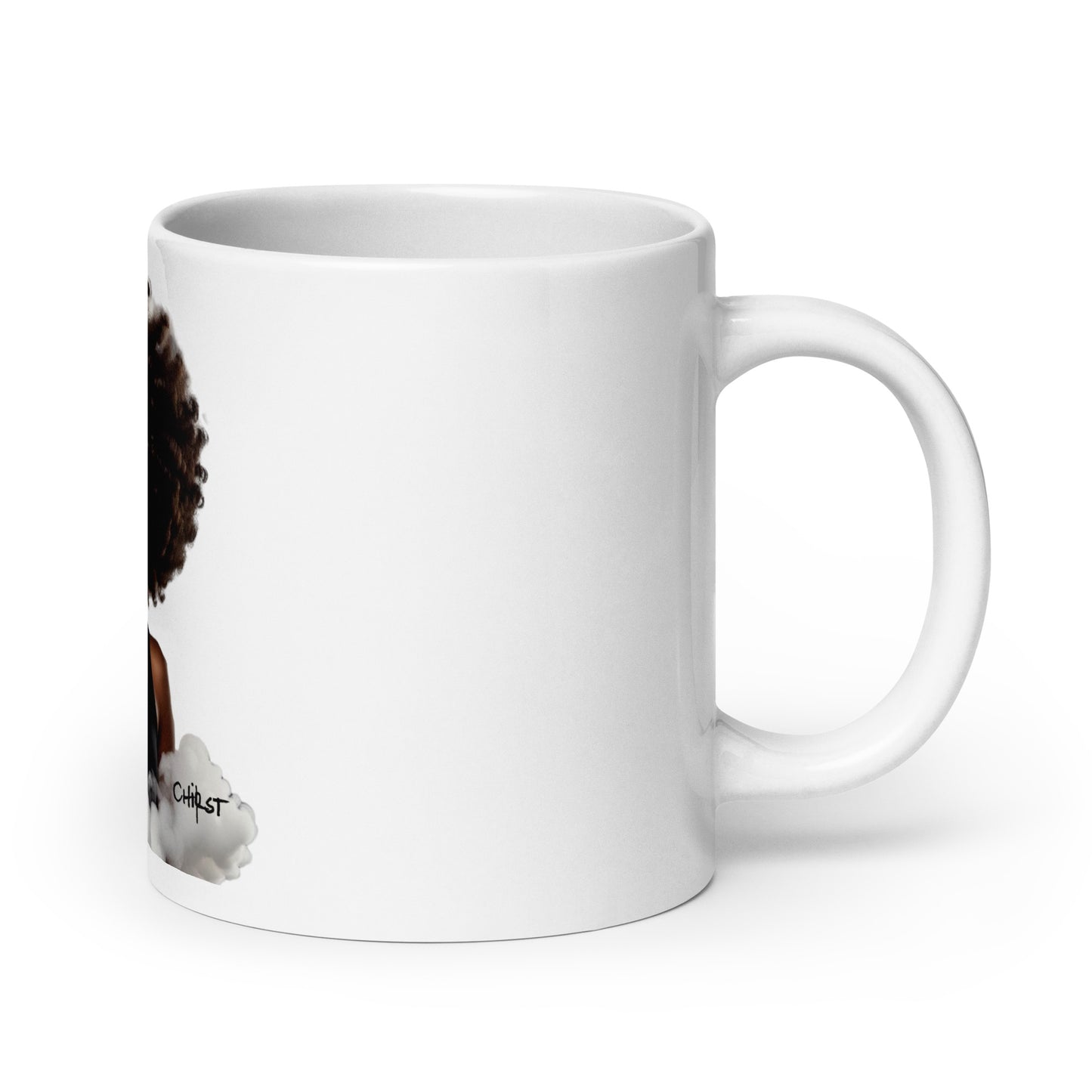 White glossy ceramic Mug – High on Christ featuring a side view with handle on the right and faith-inspired melanin-rich imagery and purpose-driven messaging.