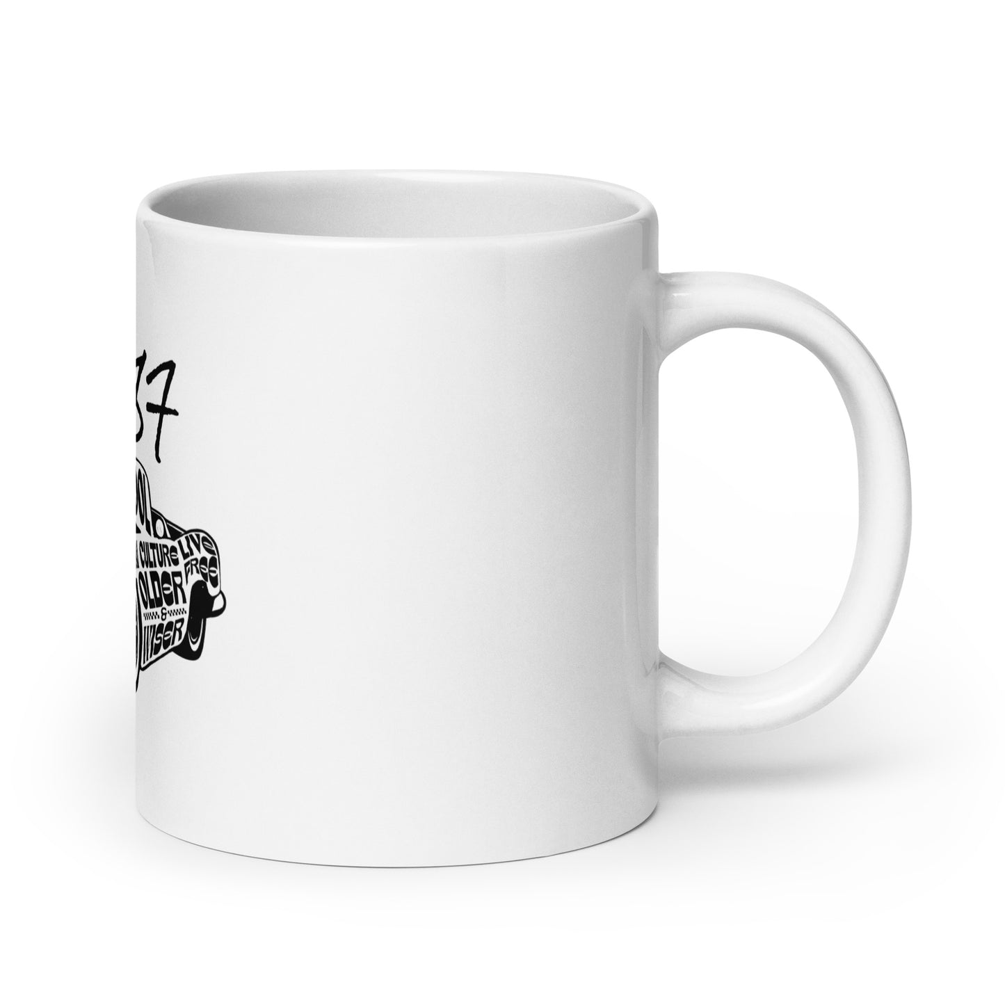 White ceramic Mug – Vintage '87 Cruiser with handle on the right, featuring a vintage-inspired black graphic design, perfect for faith-inspired gifts and melanin-rich imagery collections.