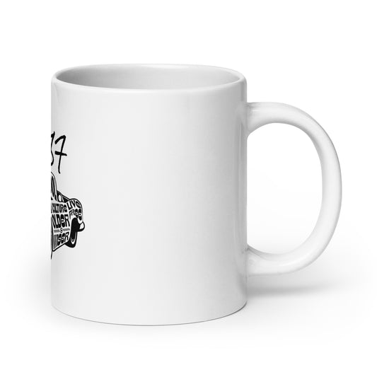 White ceramic Mug – Vintage '87 Cruiser with handle on the right, featuring a vintage-inspired black graphic design, perfect for faith-inspired gifts and melanin-rich imagery collections.