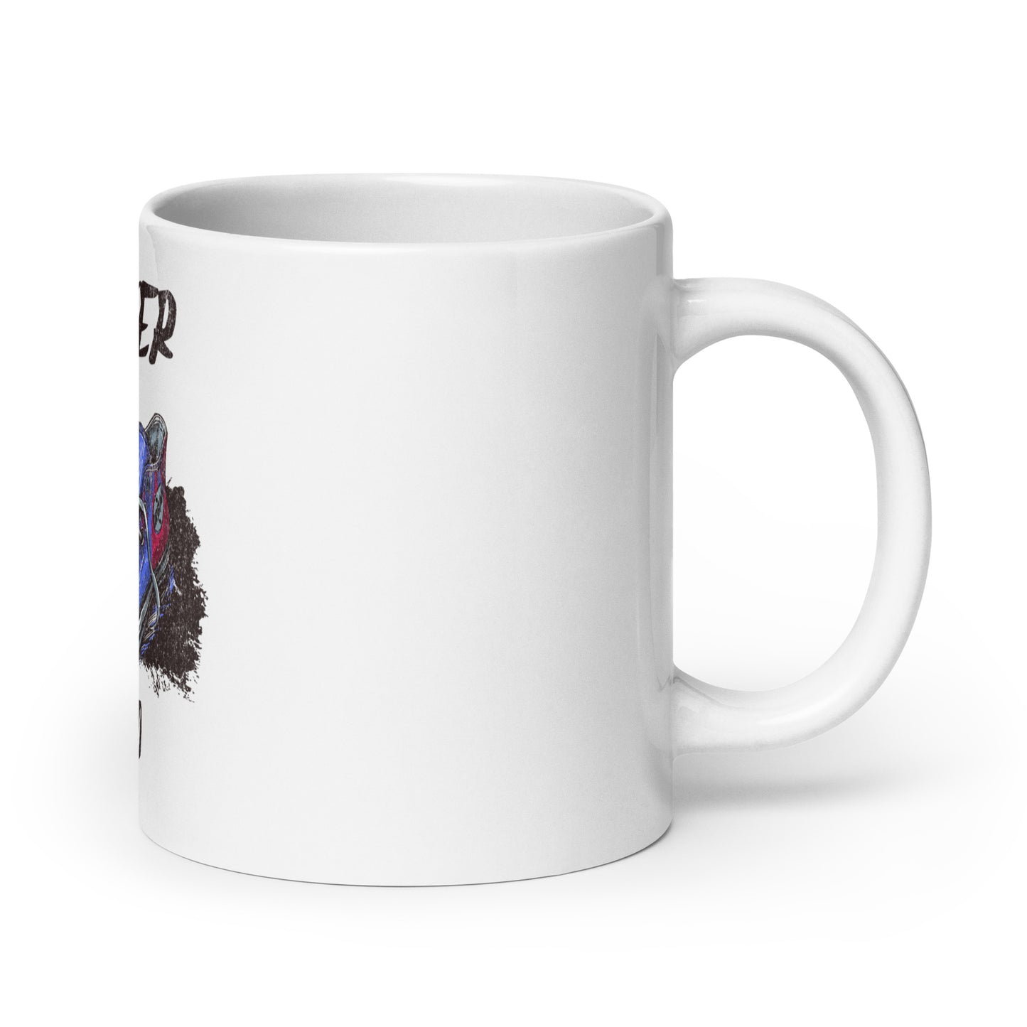 White glossy ceramic mug with handle on the right featuring colorful sneaker graphic and black text, designed as Mug – Built Different, Kicks Edition with faith-inspired purpose-driven messaging.