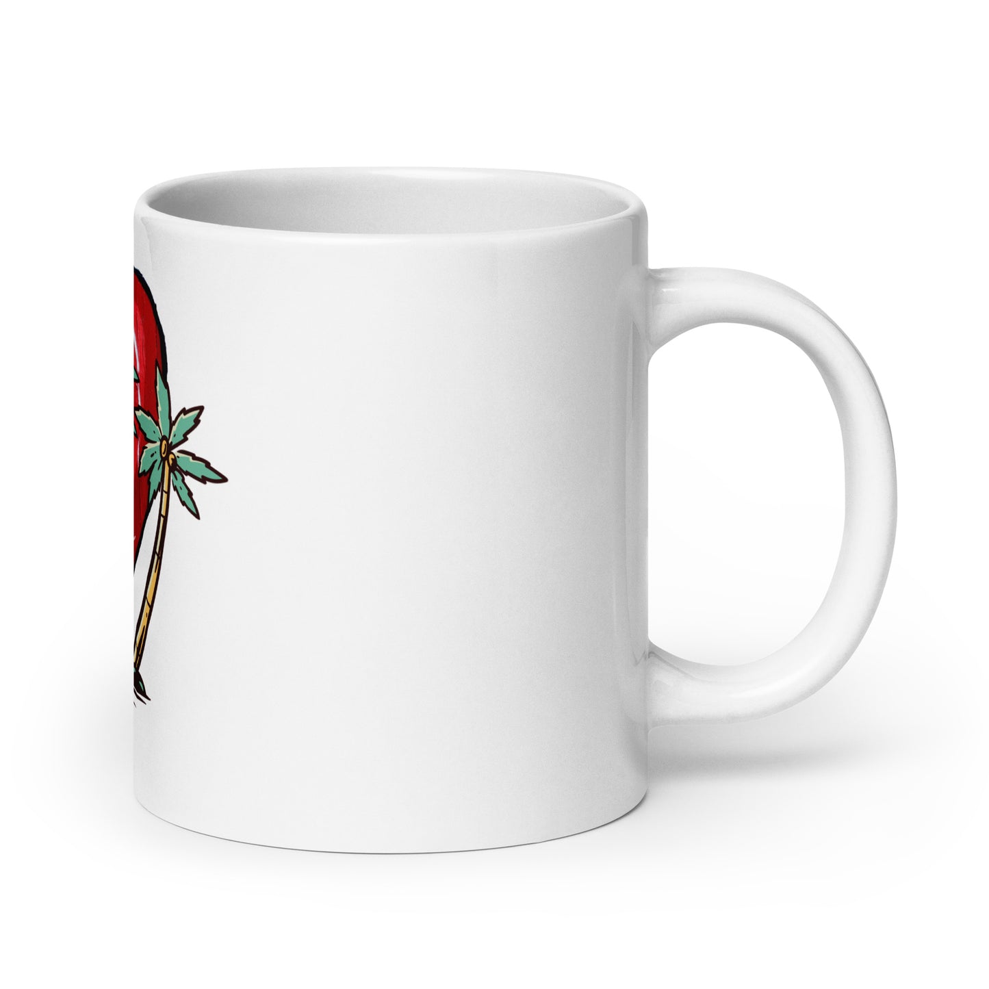 White glossy mug with handle on right side featuring a design of a woman standing near palm trees against a red sun background with the text Mug – My Kind of Island, representing faith-inspired apparel and gifts with melanin-rich imagery and purpose-driven messaging.
