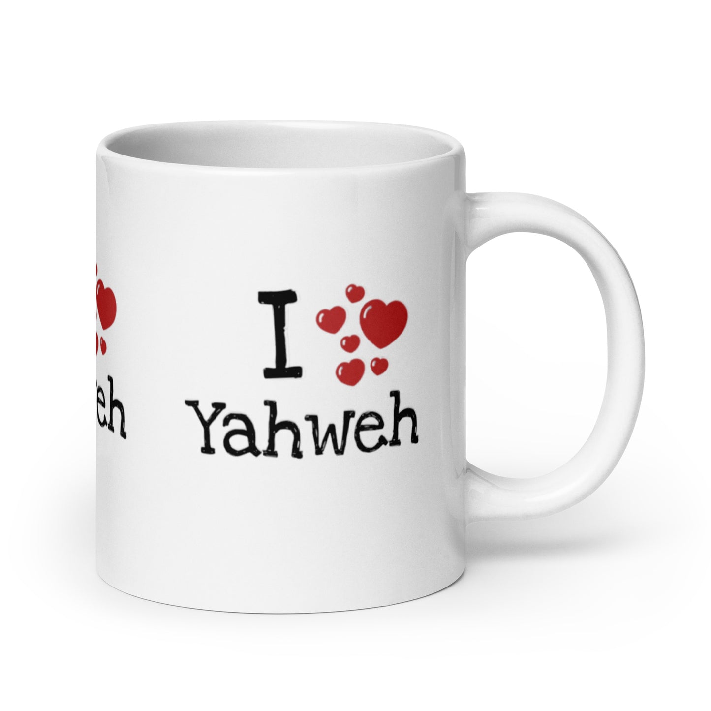 White glossy mug with handle on the right featuring the text "I Yahweh" alongside red heart graphics, designed as a faith-inspired Christian gift mug – Mug – I Yahweh.