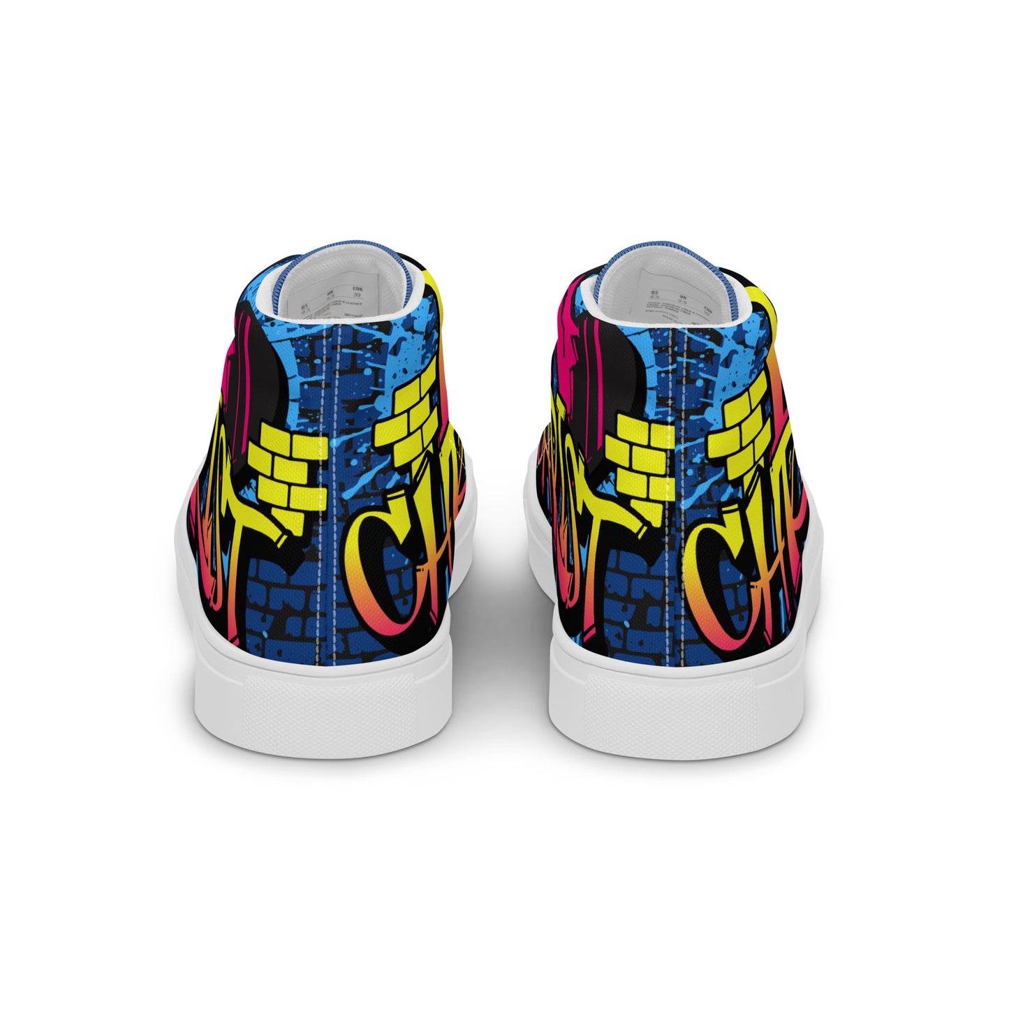 Back view of Women's High Top Sneakers – I Love Christ featuring vibrant blue, yellow, pink, and black graffiti-style faith-inspired design on canvas material.