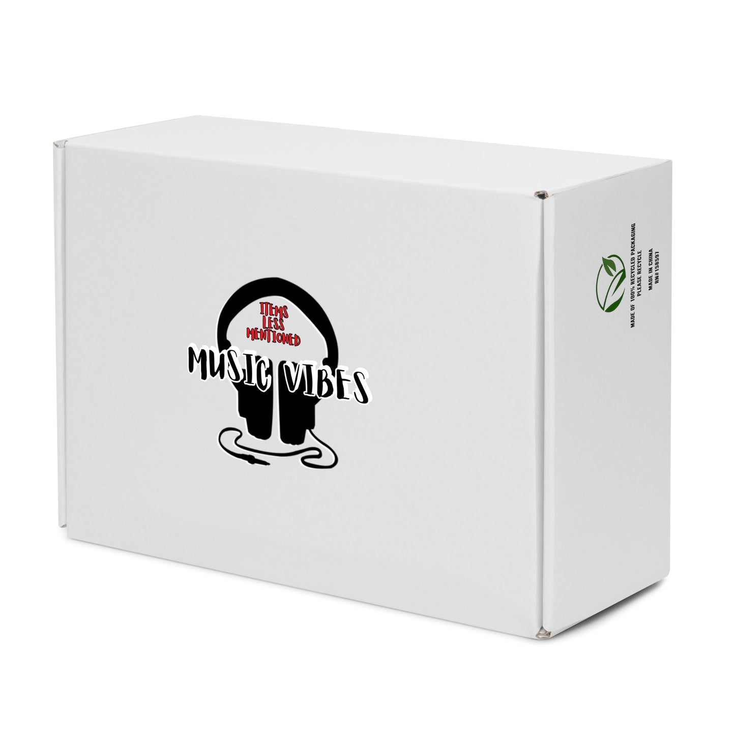 White packaging box with black headphones logo and text reading "Items Less Mentioned Music Vibes" designed for Women's High Top Canvas Shoes – Plug In sneakers, eco-friendly material.