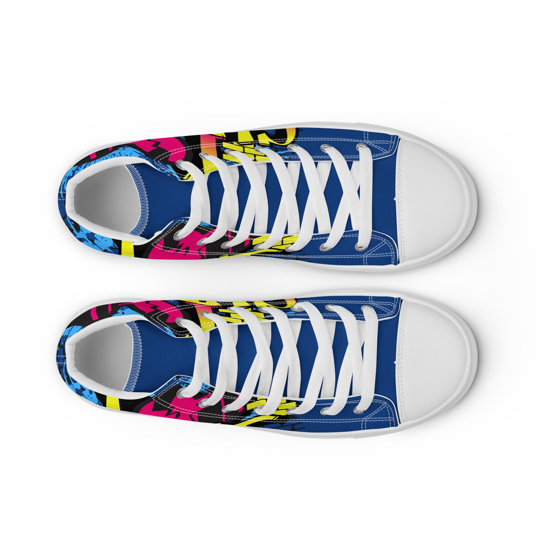 Women's High Top Sneakers – I Love Christ featuring vibrant blue canvas with colorful abstract patterns and white rubber toe caps, designed for faith-inspired sneaker lovers.