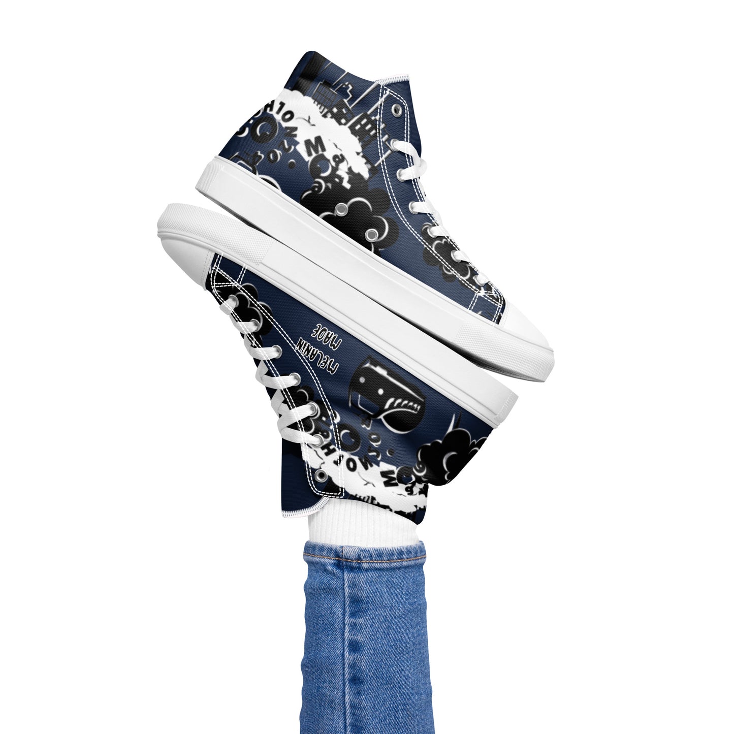 Pair of navy and white patterned Women's High Top Sneakers – Crazy Town worn with blue jeans, featuring artistic abstract designs and white laces.