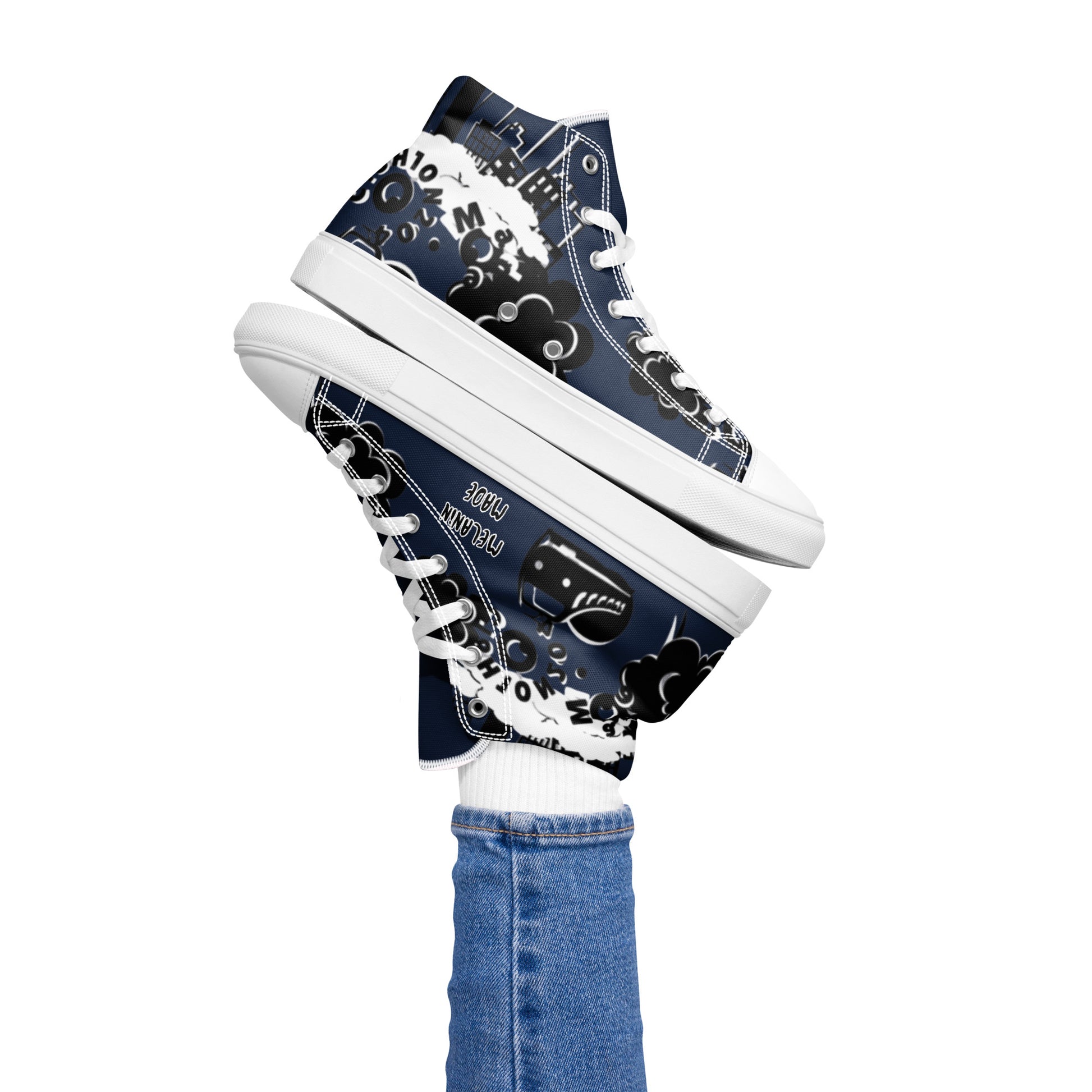 Pair of navy and white patterned Women's High Top Sneakers – Crazy Town worn with blue jeans, featuring artistic abstract designs and white laces.