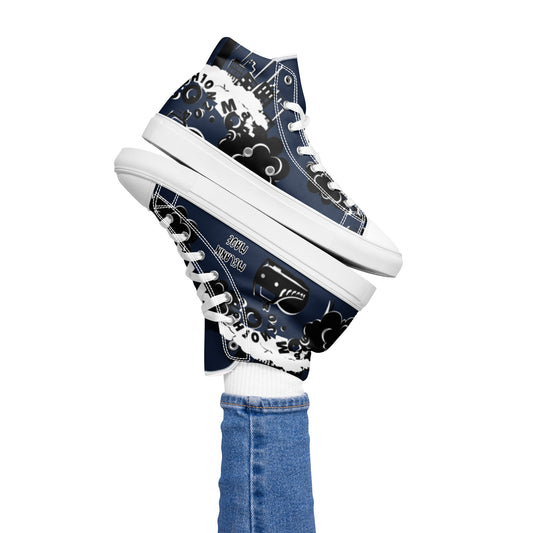 Pair of navy and white patterned Women's High Top Sneakers – Crazy Town worn with blue jeans, featuring artistic abstract designs and white laces.
