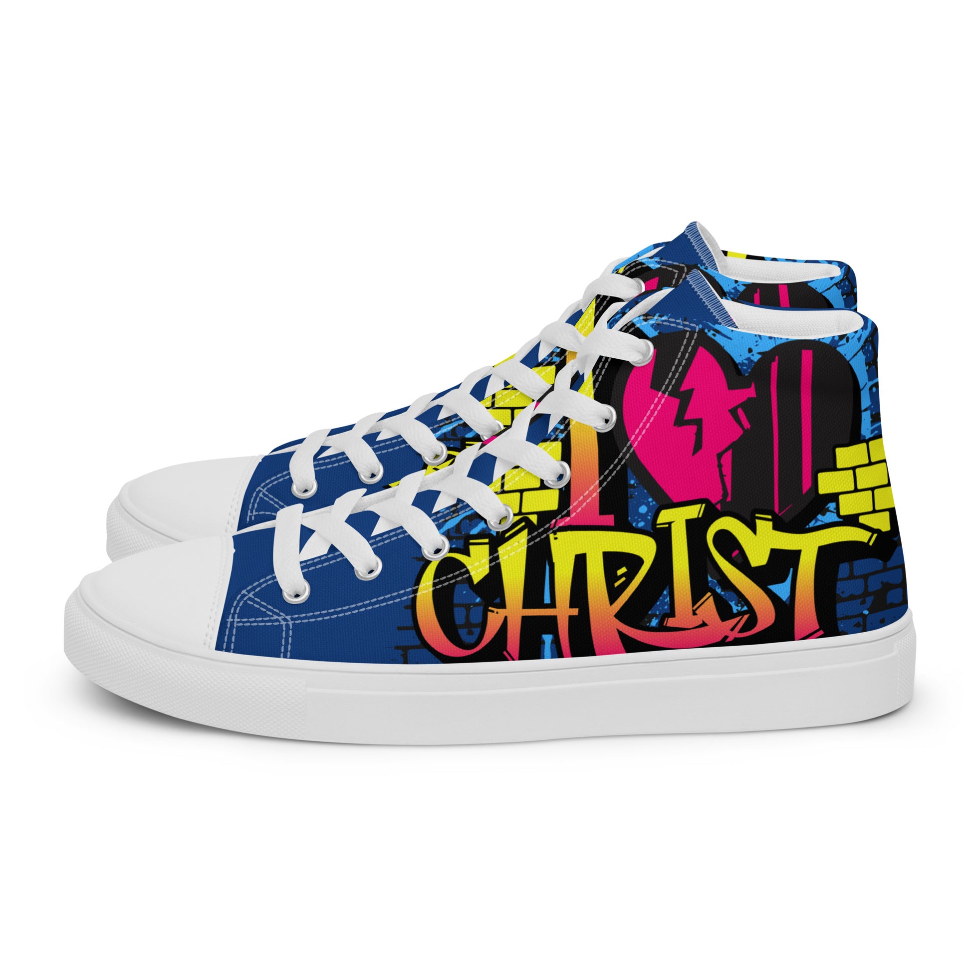 Women's High Top Sneakers – I Love Christ featuring vibrant graffiti-style artwork with bold colors, white soles, and laces, designed as faith-inspired apparel sneakers.
