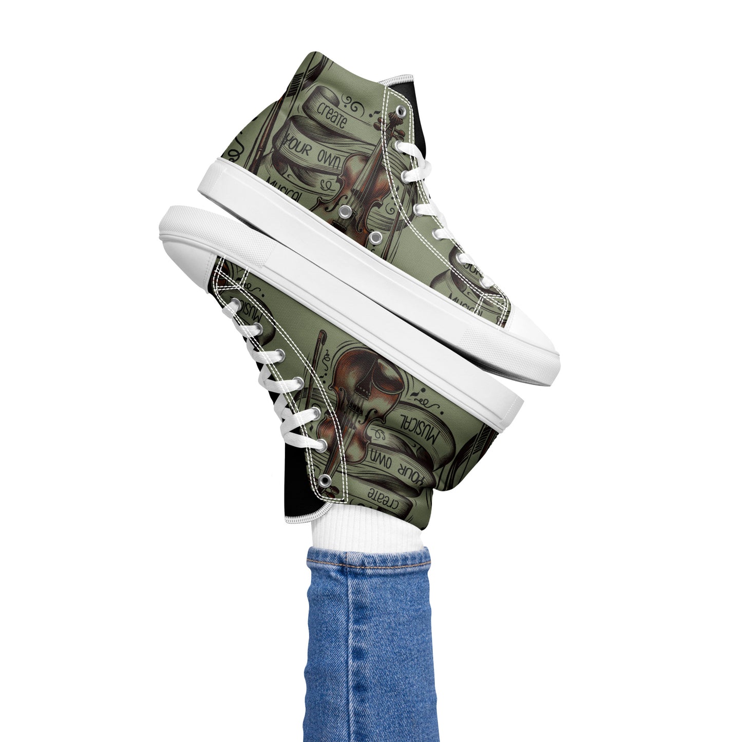 Pair of Women's High Top Sneakers – Green Violin with artistic violin and music note print, worn with white socks and blue jeans, showcasing a stylish and unique design.
