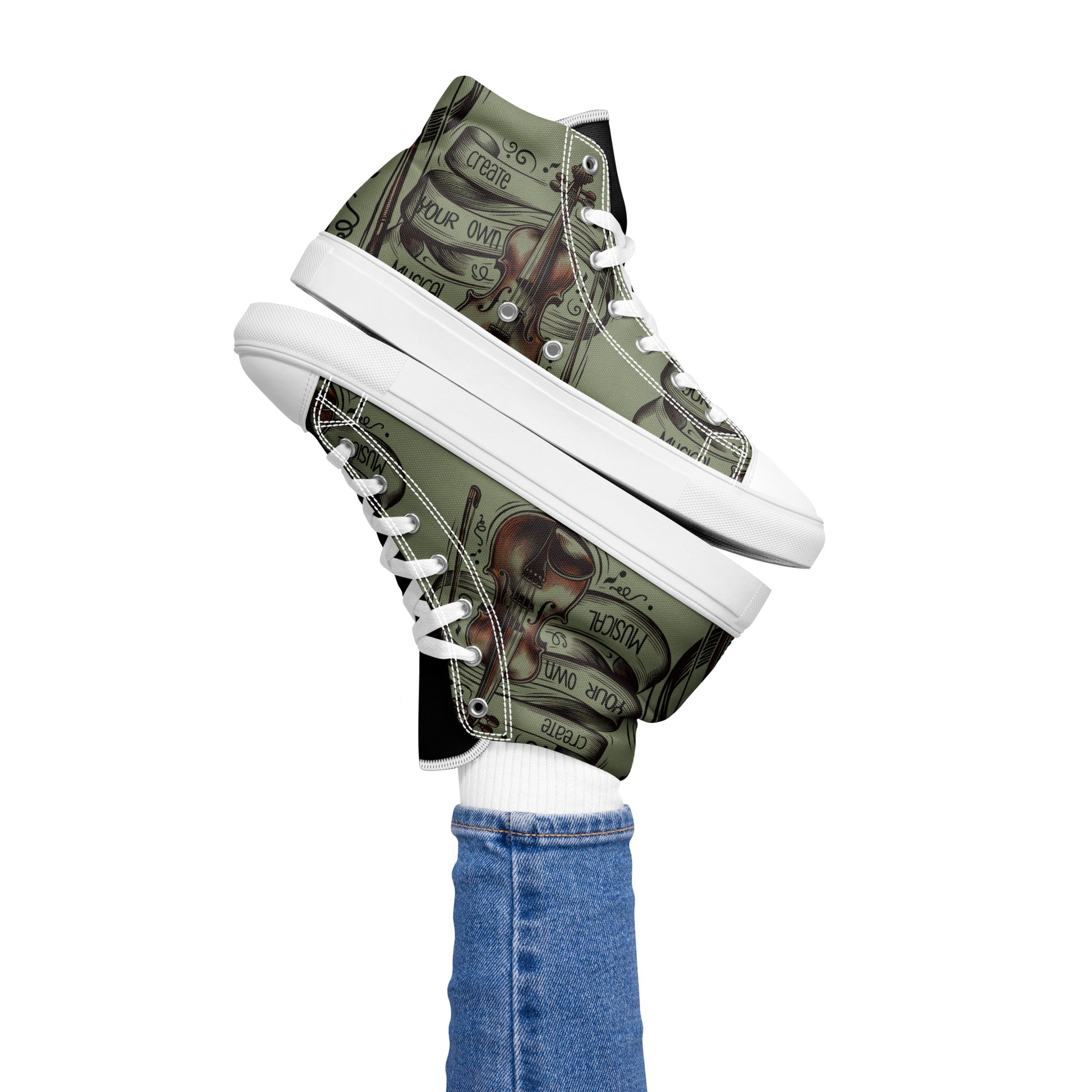 Pair of Women's High Top Sneakers – Green Violin with artistic violin and music note print, worn with white socks and blue jeans, showcasing a stylish and unique design.