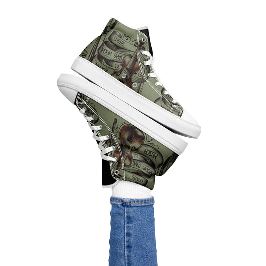Pair of Women's High Top Sneakers – Green Violin with artistic violin and music note print, worn with white socks and blue jeans, showcasing a stylish and unique design.