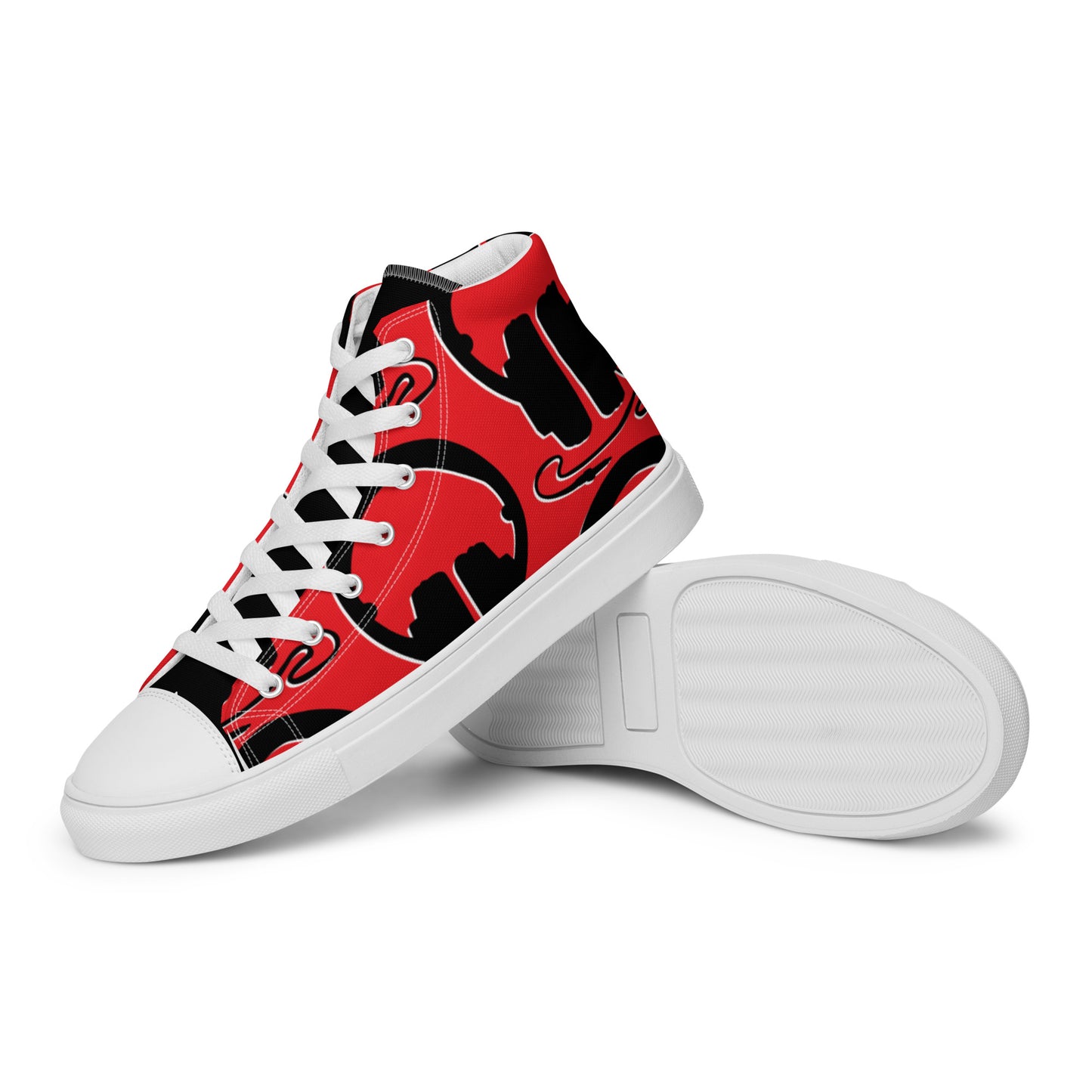 Women's High Top Canvas Shoes – Plug In featuring a bold red and black abstract design with white laces and soles, stylish high top sneakers combining fashion and comfort.