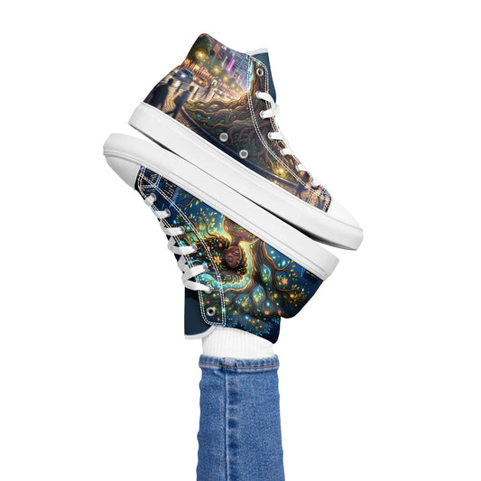 Pair of Women's High Top Canvas Shoes – Urban Roots featuring vibrant, artistic melanin-rich imagery inspired by urban nightlife and starry skies on a white sole and laces.
