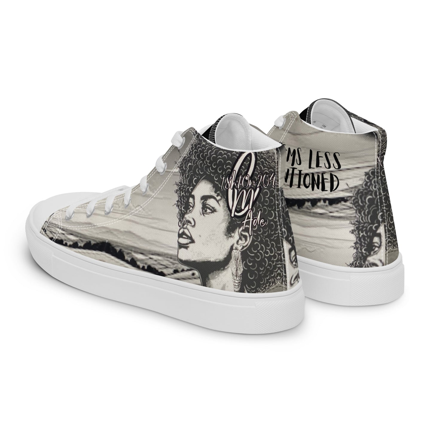 Side view of Women's High Top Canvas Shoes – Afro Dream showcasing detailed Afrocentric artwork on canvas material with white rubber sole and laces.