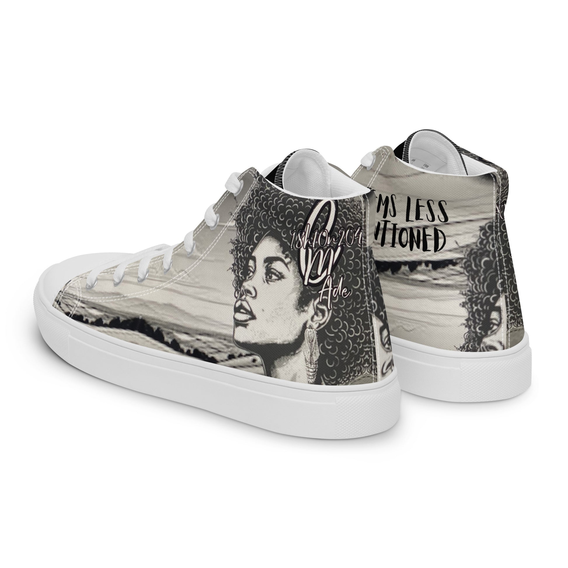 Side view of Women's High Top Canvas Shoes – Afro Dream showcasing detailed Afrocentric artwork on canvas material with white rubber sole and laces.