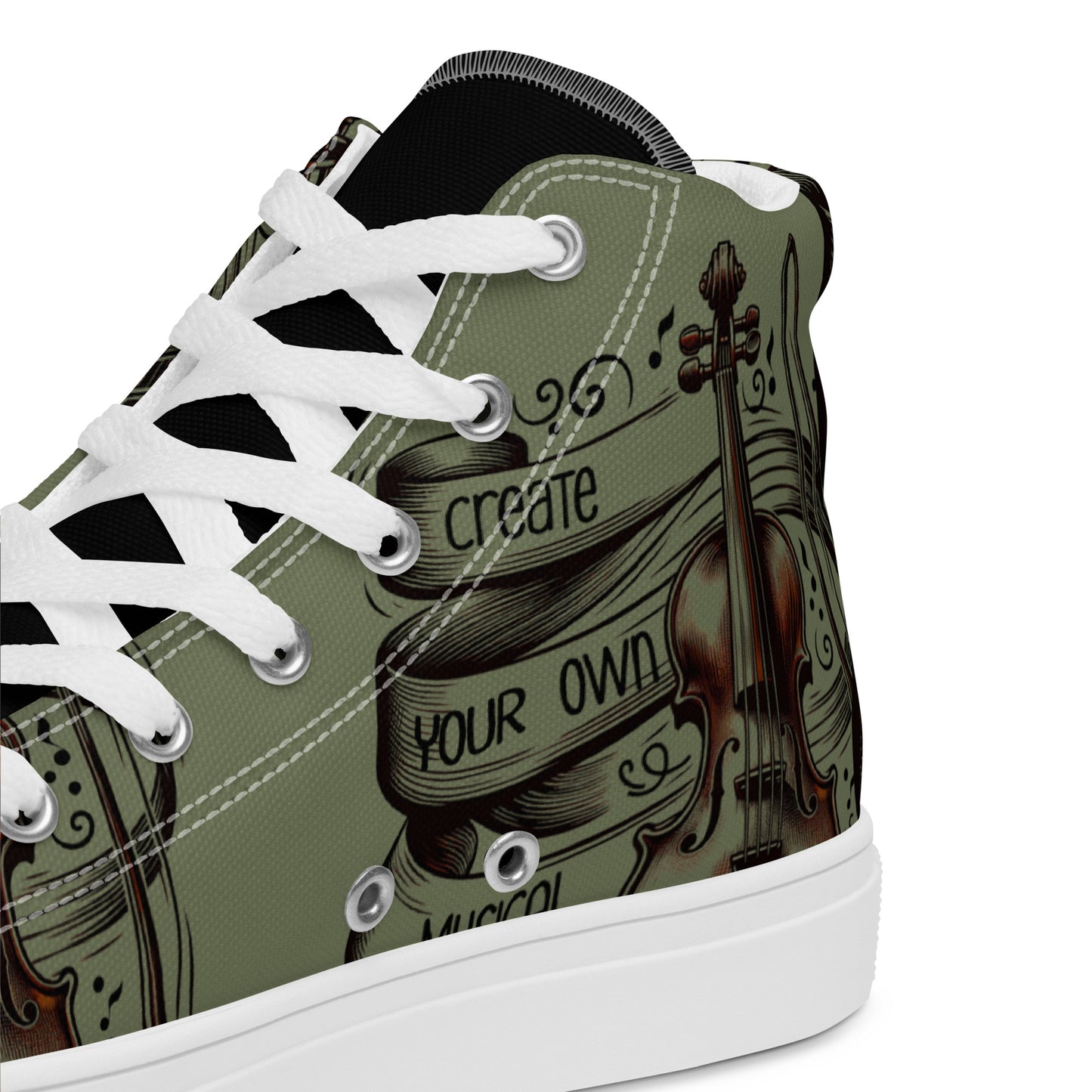 Close-up view of a canvas Women's High Top Sneakers – Green Violin featuring a detailed violin graphic with white laces and a musical-themed inspirational phrase on the side.