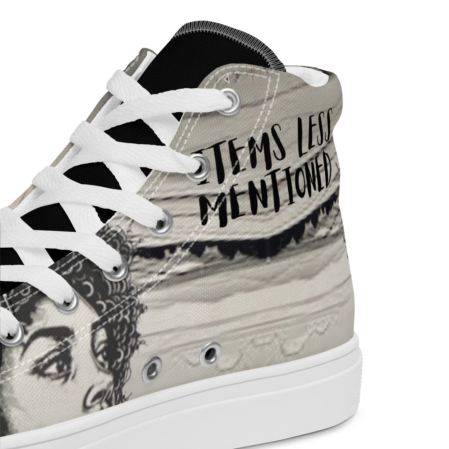 Pair of Women's High Top Canvas Shoes – Afro Dream with vibrant Afrocentric print, white laces and soles, designed for purpose-driven fashion lovers celebrating Black culture.