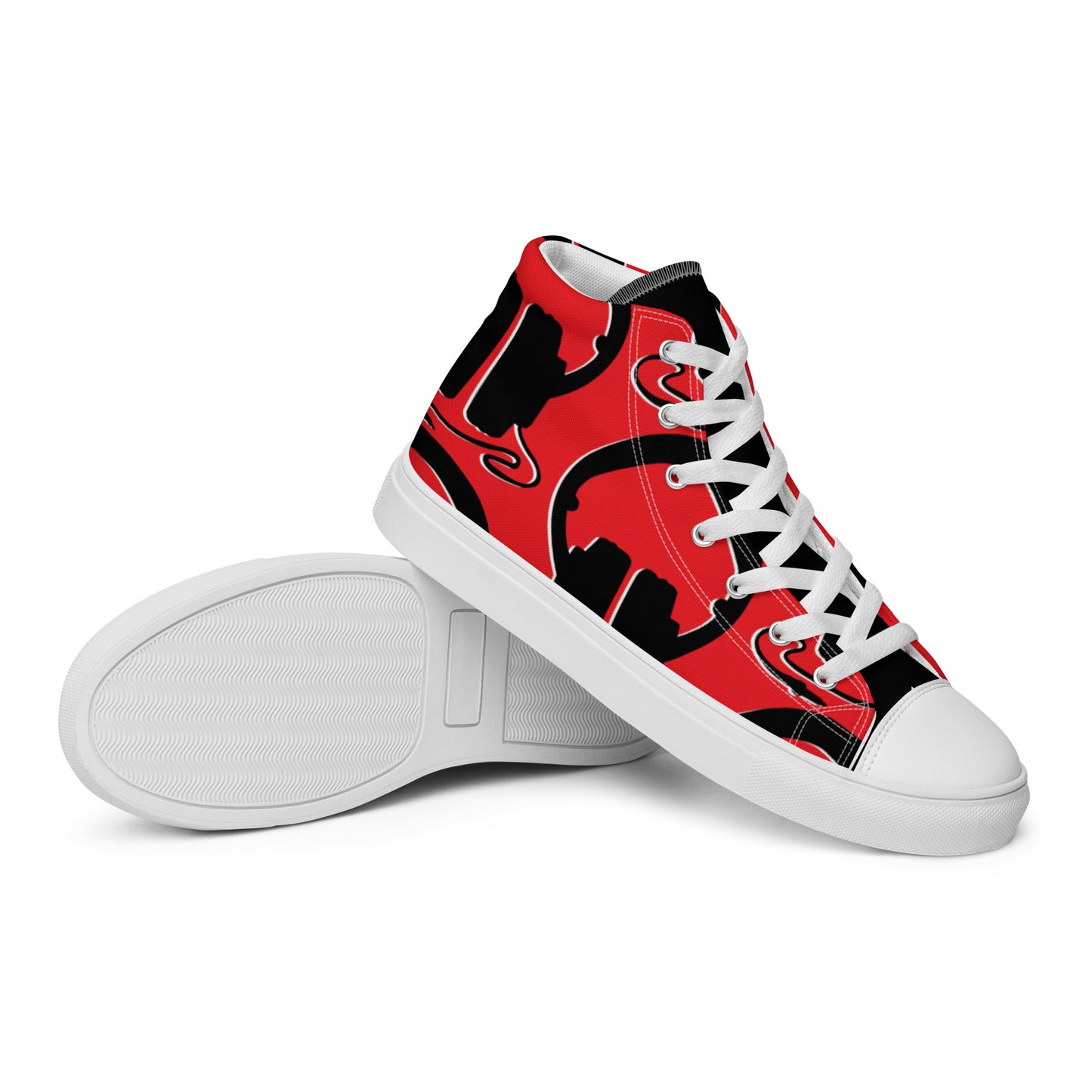 Women's High Top Canvas Shoes – Plug In featuring a bold red and black graphic design with a white sole and laces, combining vibrant style with casual comfort.