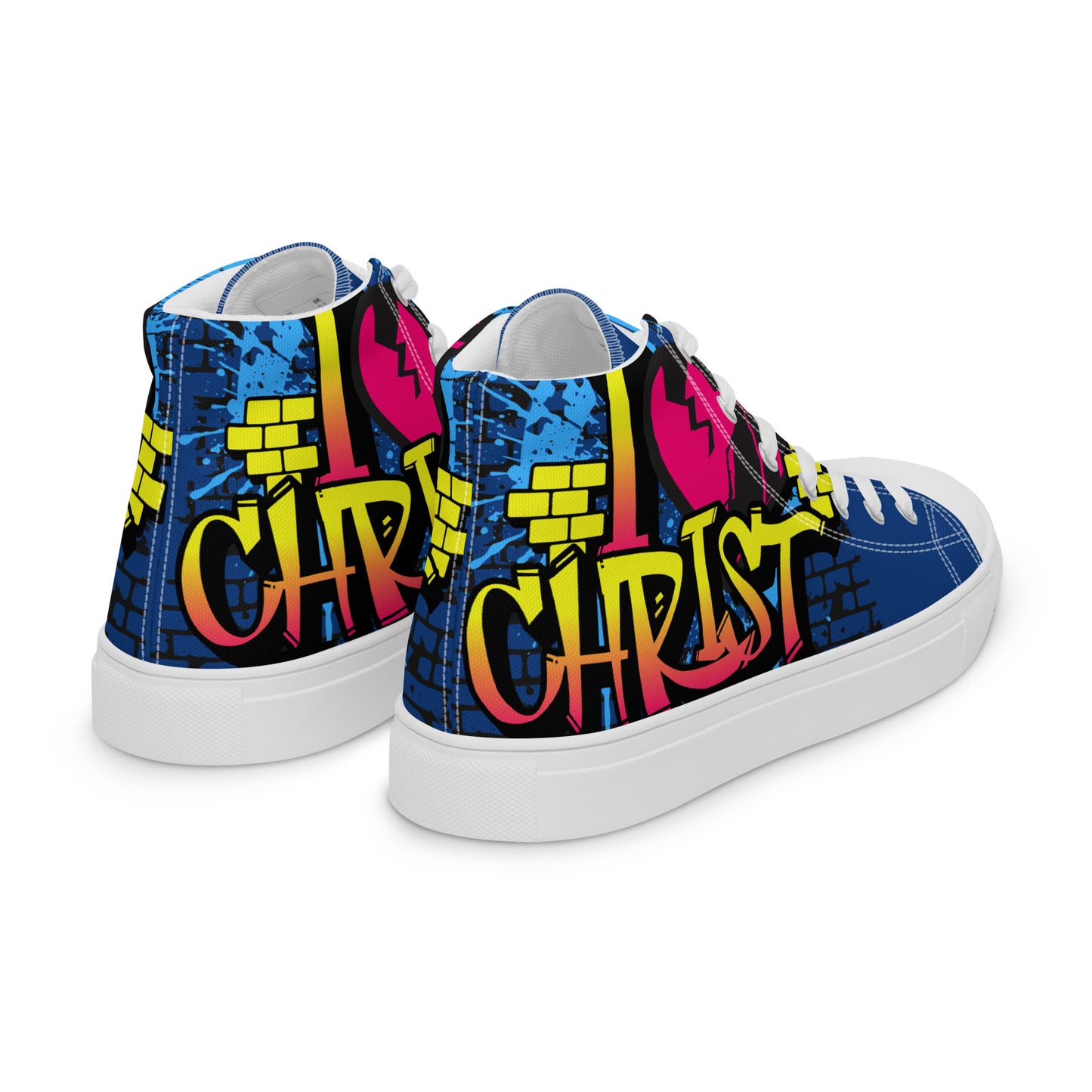 Pair of Women's High Top Sneakers – I Love Christ with vibrant graffiti-style design featuring bold yellow and red lettering on a blue canvas background, white soles and laces.