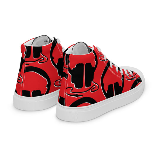 Pair of Women's High Top Canvas Shoes – Plug In in vibrant red with bold black abstract design, featuring white soles and laces for a stylish, unique look.