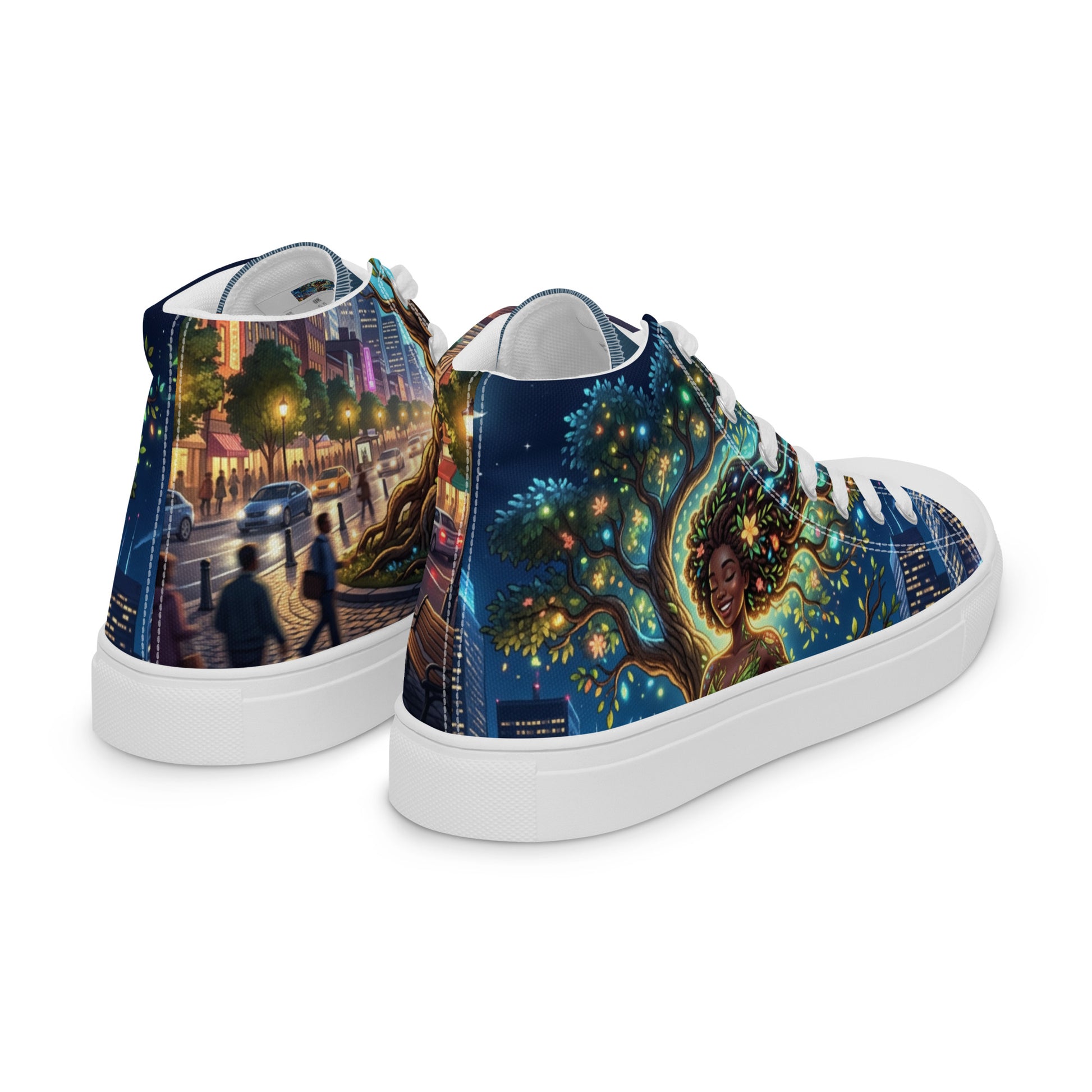 Women's High Top Canvas Shoes – Urban Roots featuring an artistic night cityscape and a glowing tree with a serene Black woman illustration, perfect for purpose-driven fashion.