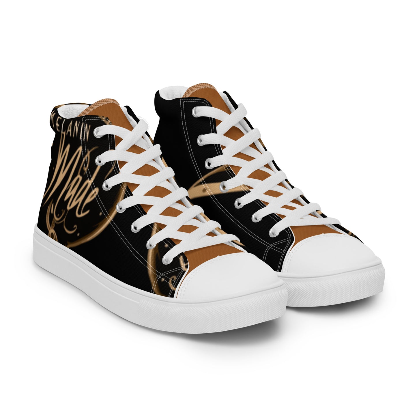 Black and brown canvas high top sneakers with white laces and soles featuring a design celebrating melanin, identified as Women's High Top Sneakers – Melanin Queen.